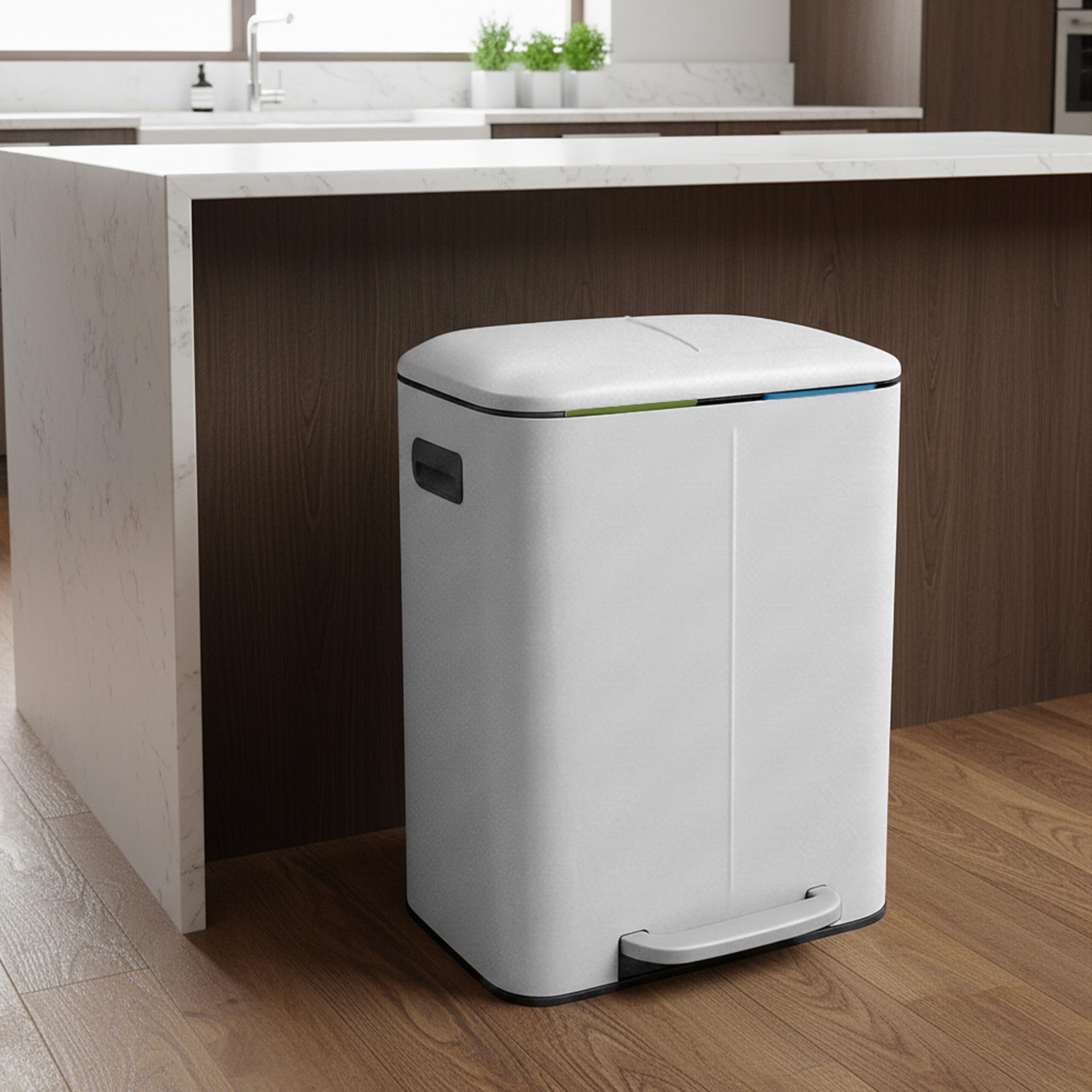 Relaxdays Cubo de Basura con 2 Compartimentos, 2x20L, Cierre Suave, Pedal, Metal, Blanco, 60x44.5x41 cm
