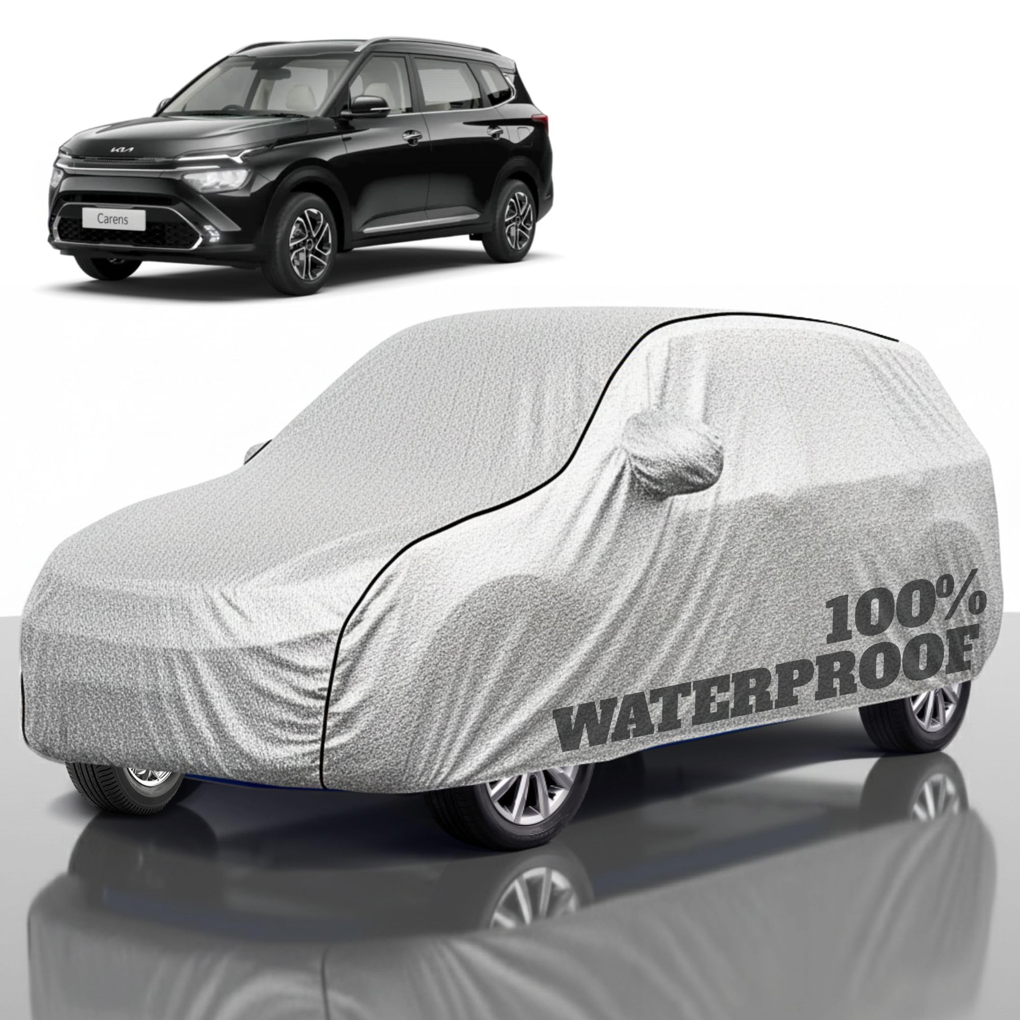 Premium Polyester Car Cover Carens All-Weather Protection from Rain, Dust &amp; Sun | UV Resistant Fabric | Full Body Secure Fit for Outdoor &amp; Indoor Parking Silver