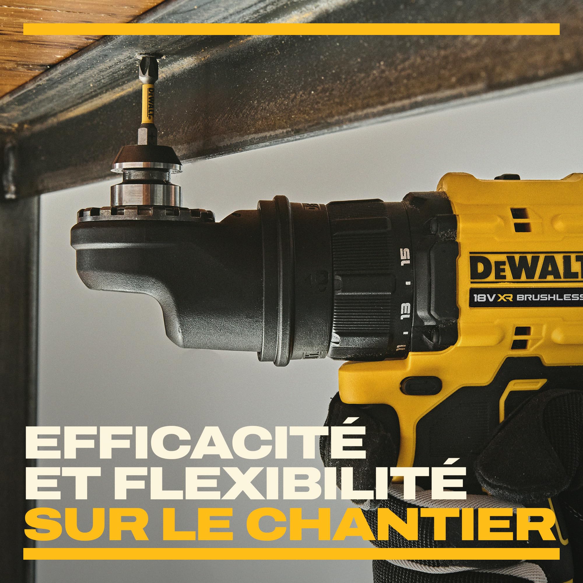 DEWALT Perceuse-visseuse multi-têtes 18V XR, 4 têtes, DCD803KN-XJ | Perceuse-visseuse multi-têtes DEWALT 18V XR compacte avec 4 têtes interchangeables, moteur Brushless et couple de 73 Nm.
