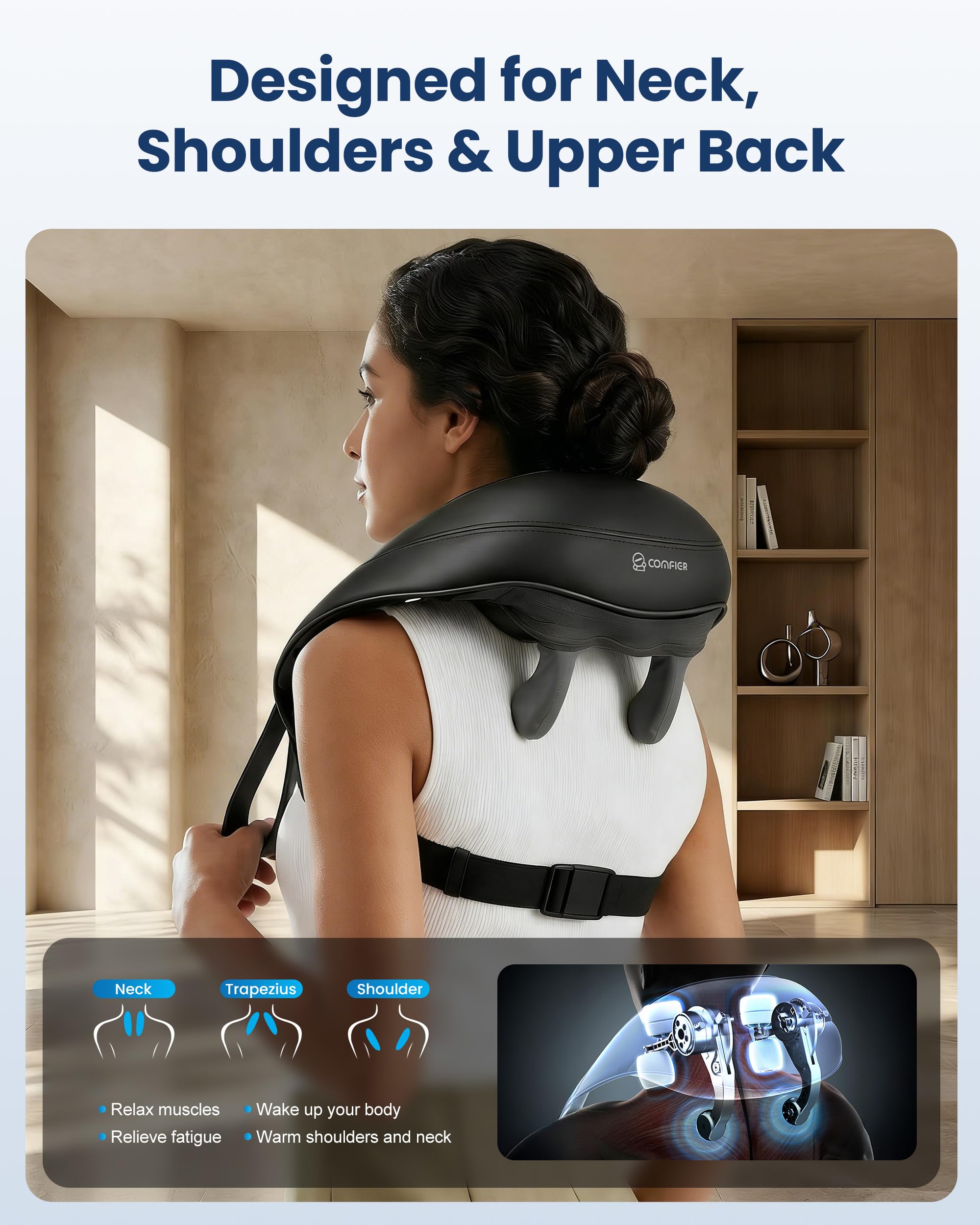 COMFIER Kabelloses Nackenmassagegerät mit Wärme, 4D Kneten Nacken und Schulter Massagegerät, Shiatsu Nacken Rückenmassagegerät Kissen, 2 Heizstufen, Geschenke für Mama Papa