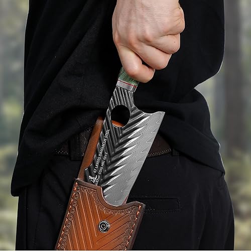 Miniatura 5 de SHANGDAO Cuchillo de carnicero de Damasco de 7 pulgadas, cuchillos de cocina vikingo con funda de cuero, 67 capas de acero de aleación con resina