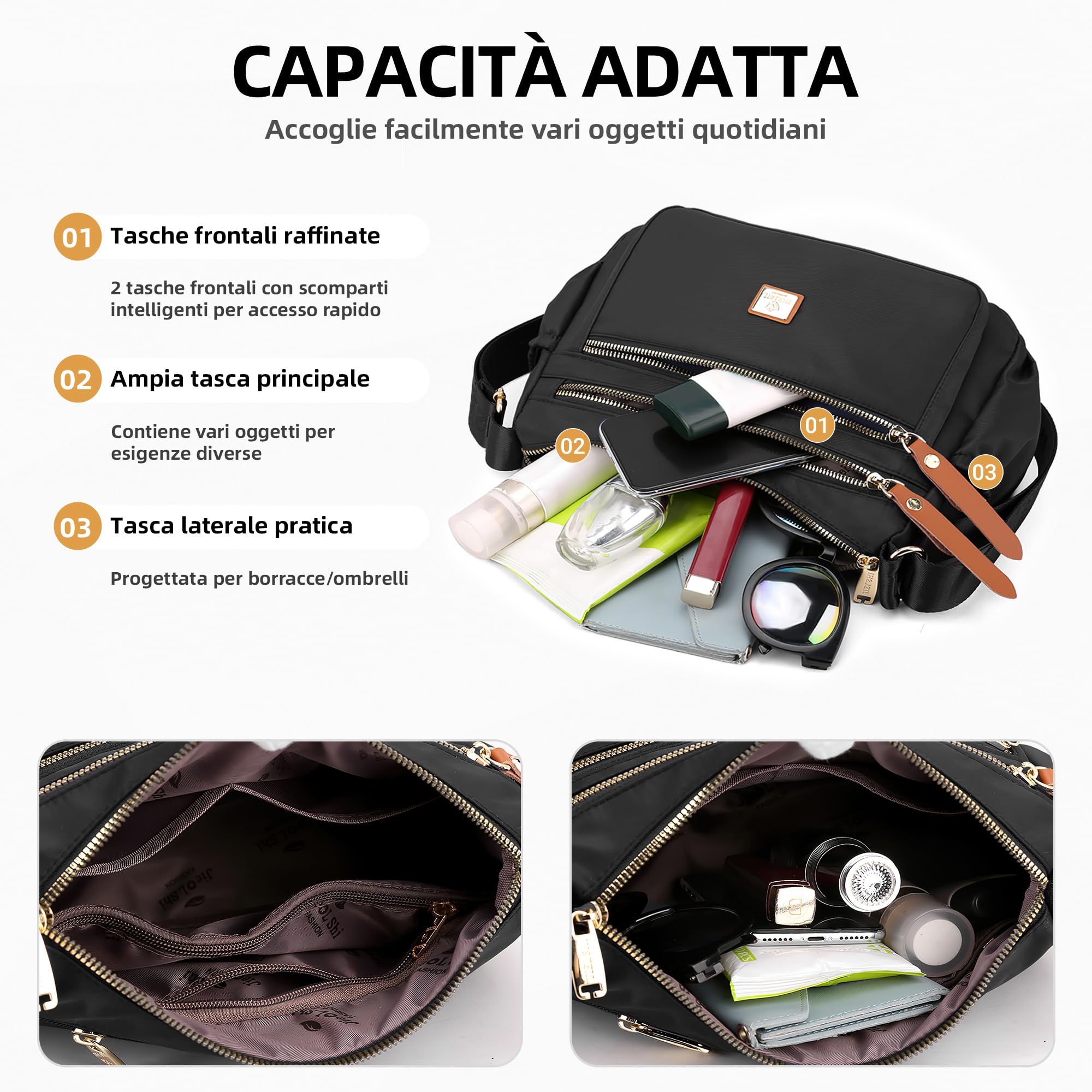DIRRONA Donna Borsa Tracolla Moda Borsa Messenger Casual Borsa da donna Impermeabile Nylon Viaggio Shopping Lavoro Multi-tasca Borsa a Spalla Nero