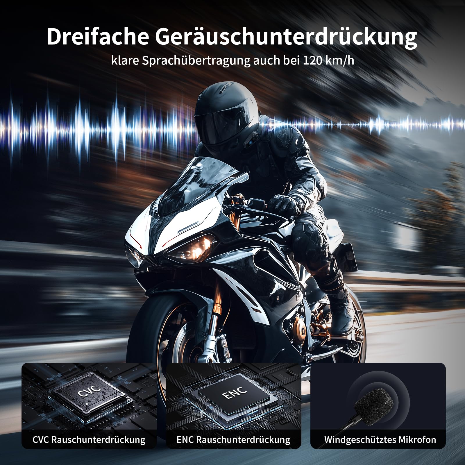 Fodsports FX-S Motorrad Headset Bluetooth 5.4, Helm Kommunikationssystem für 2 Personen, Dreifache Geräuschunterdrückung, IP67 Wasserdicht Freisprecheinrichtung mit Sprachassistent,Große Tasten