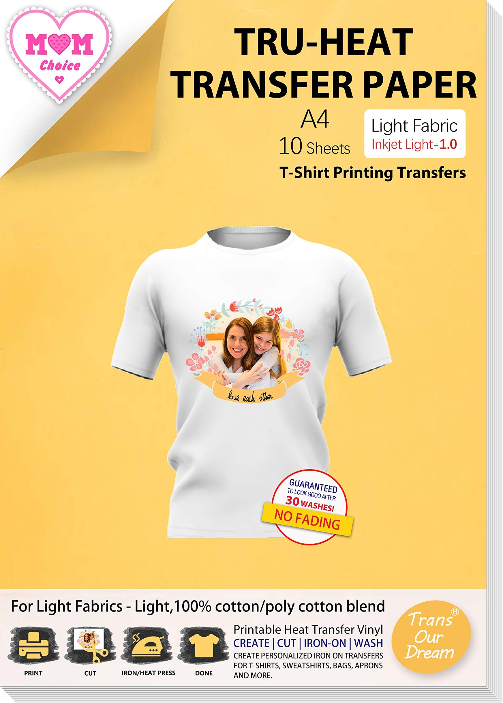 TransOurDream Tru-Iron on Heat Transfer Paper for Light Fabric (10 Sheets, A4) Iron-on Transfers Paper for White and Light T-Shirts Printable Heat Transfer Vinyl for Inkjet Printer (ARAB-1-10)