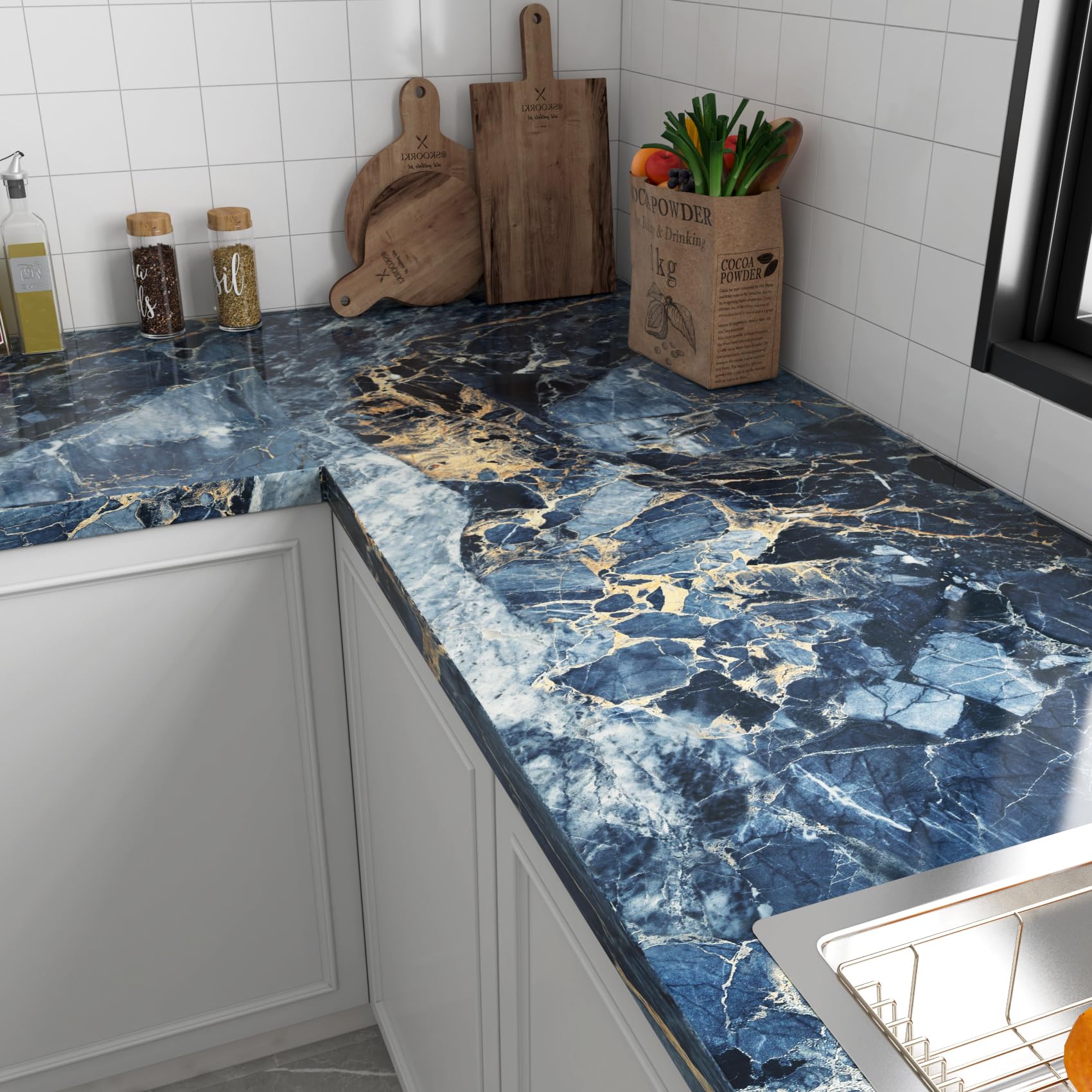 LACHEERY Carta da parati in vinile color blu scuro e oro, 400 x 91 cm di larghezza, adatta per affittuari, piano di lavoro della cucina, stacca e attacca, impermeabile, in vinile, per controsoffitti