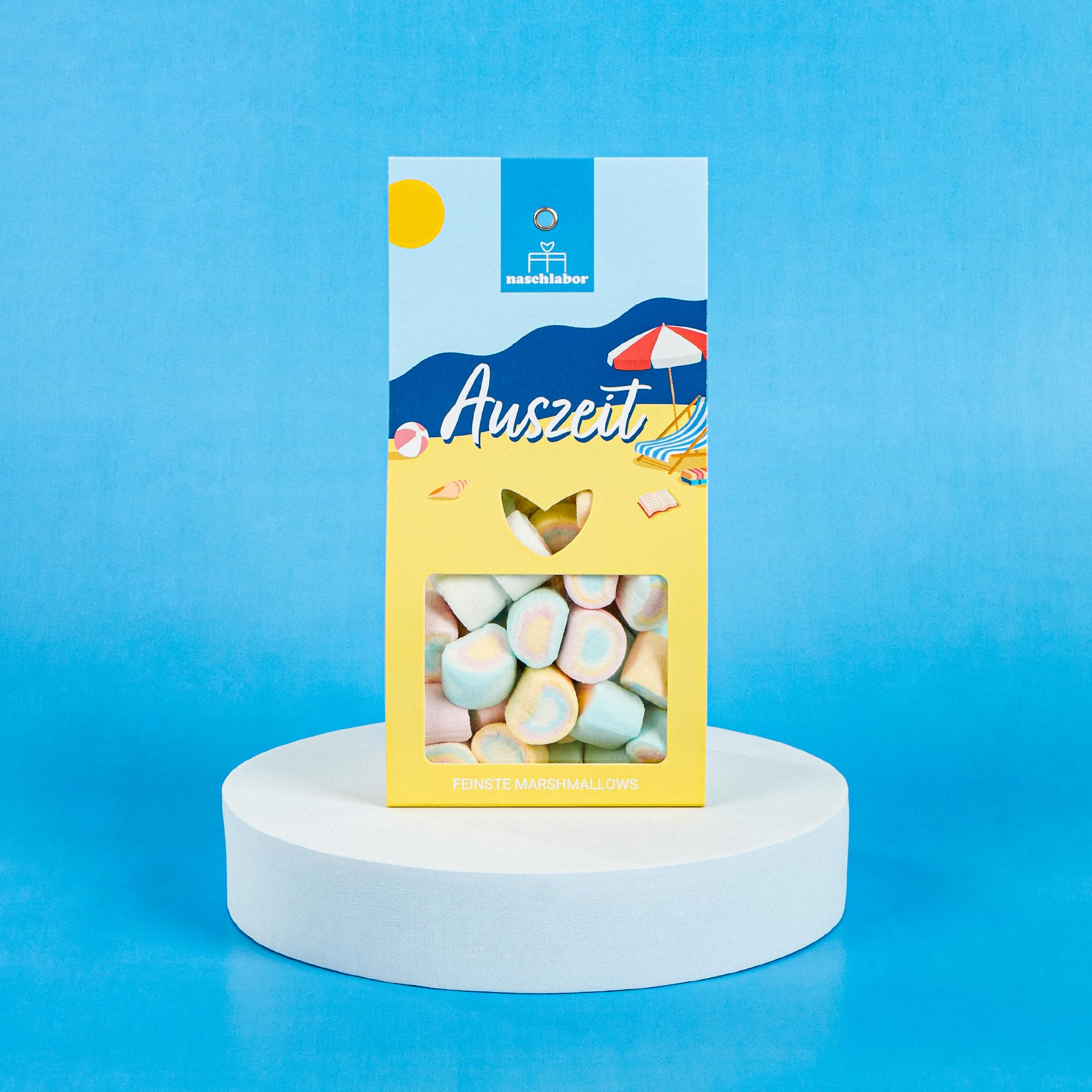 Auszeit Marshmallows 90g | Bunte, luftige Marshmallows mit Vanille-Geschmack | Sommerliches Geschenk für Entspannung & Genuss | Süße Auszeit für Strand- und Urlaubsgefühle
