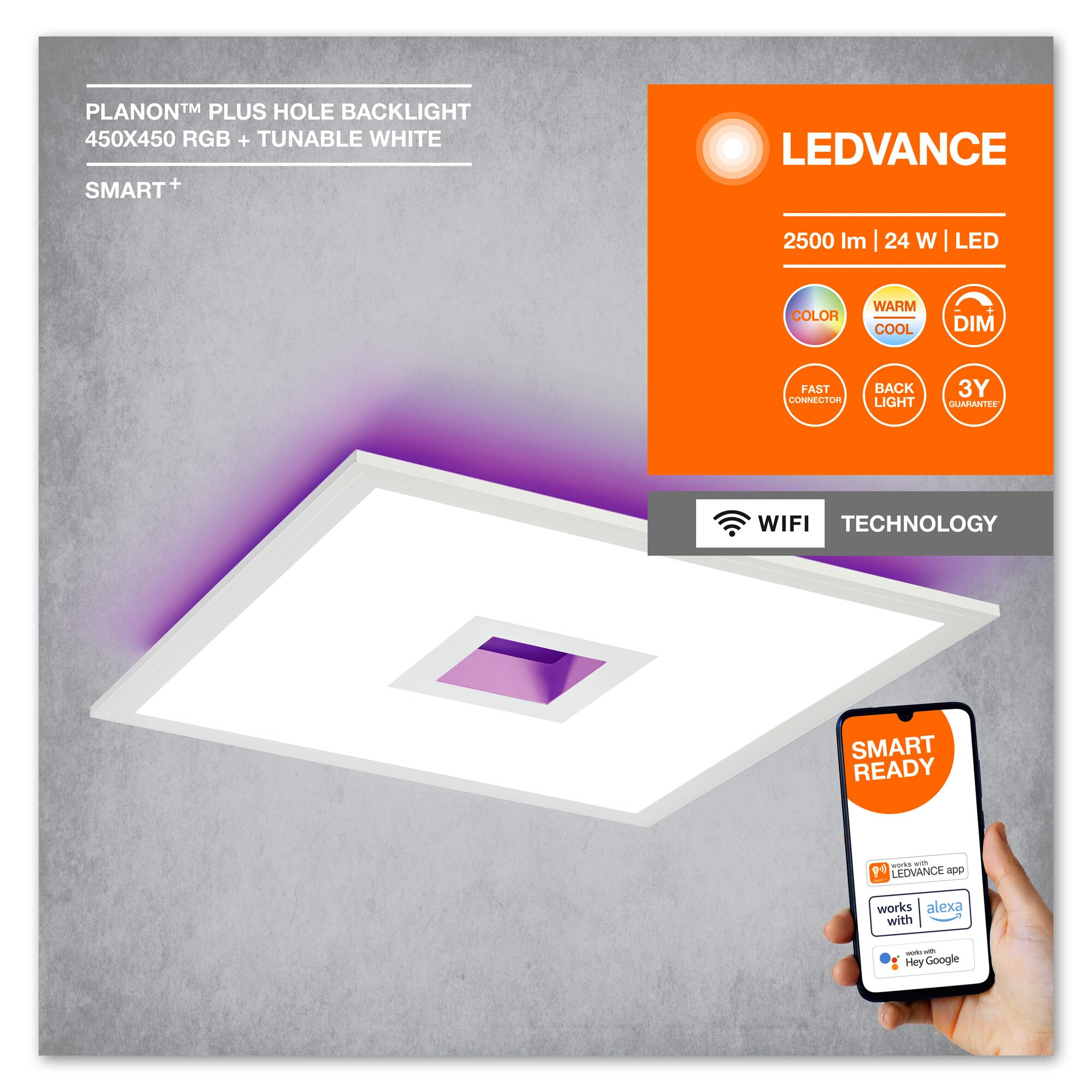 LEDVANCE SMART+ PLANON Hole pannello LED WiFi con foro, bianco, 24W, 2500lm, luce bianca regolabile 2700-6500K + retroilluminazione RGB, DIM, controllo da app, compatibile con Amazon, Google, ecc.