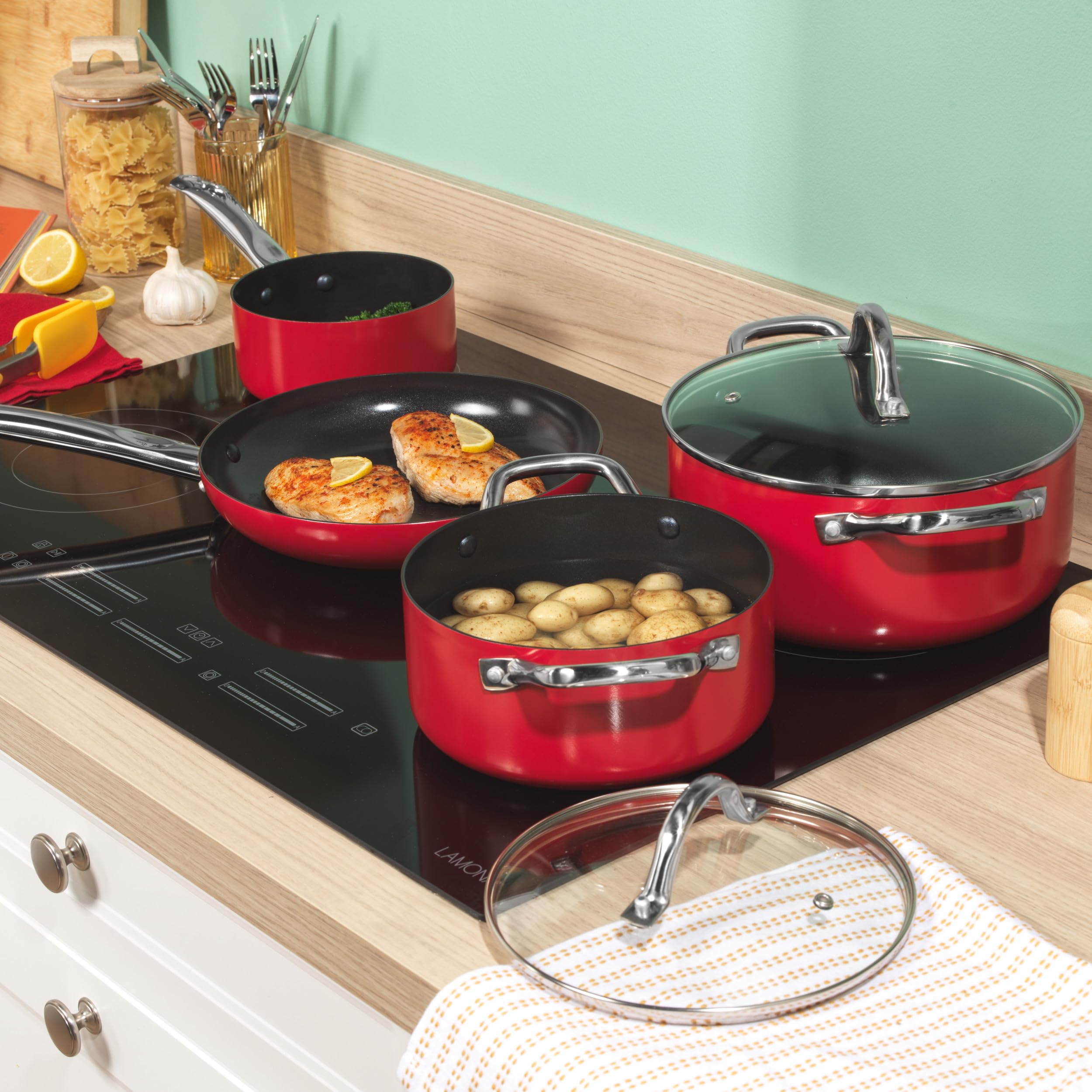 Russell Hobbs Riviera Kochgeschirr-Set, 4-teilig, Keramik-Antihaft | Pressaluminium, PFAS-freie Keramikbeschichtung, induktionsgeeignet, ofenfest bis 220 °C, 24 cm Pfanne, 16 cm Topf, 20/24