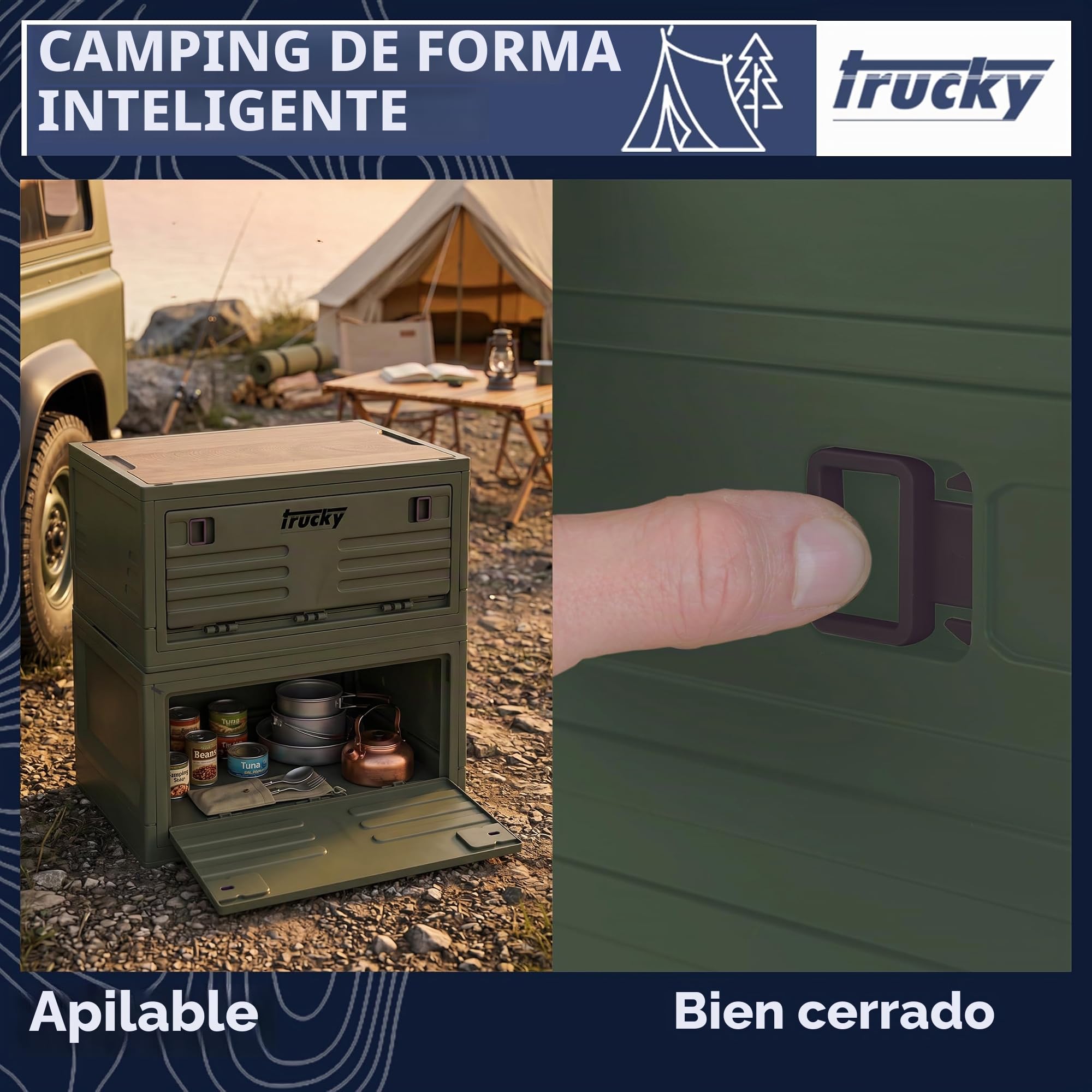 Trucky Caja de almacenamiento con tapa, 35 L, 48 x 30 x 24 cm, para camping, plegable, caja de almacenamiento con tapa, color verde