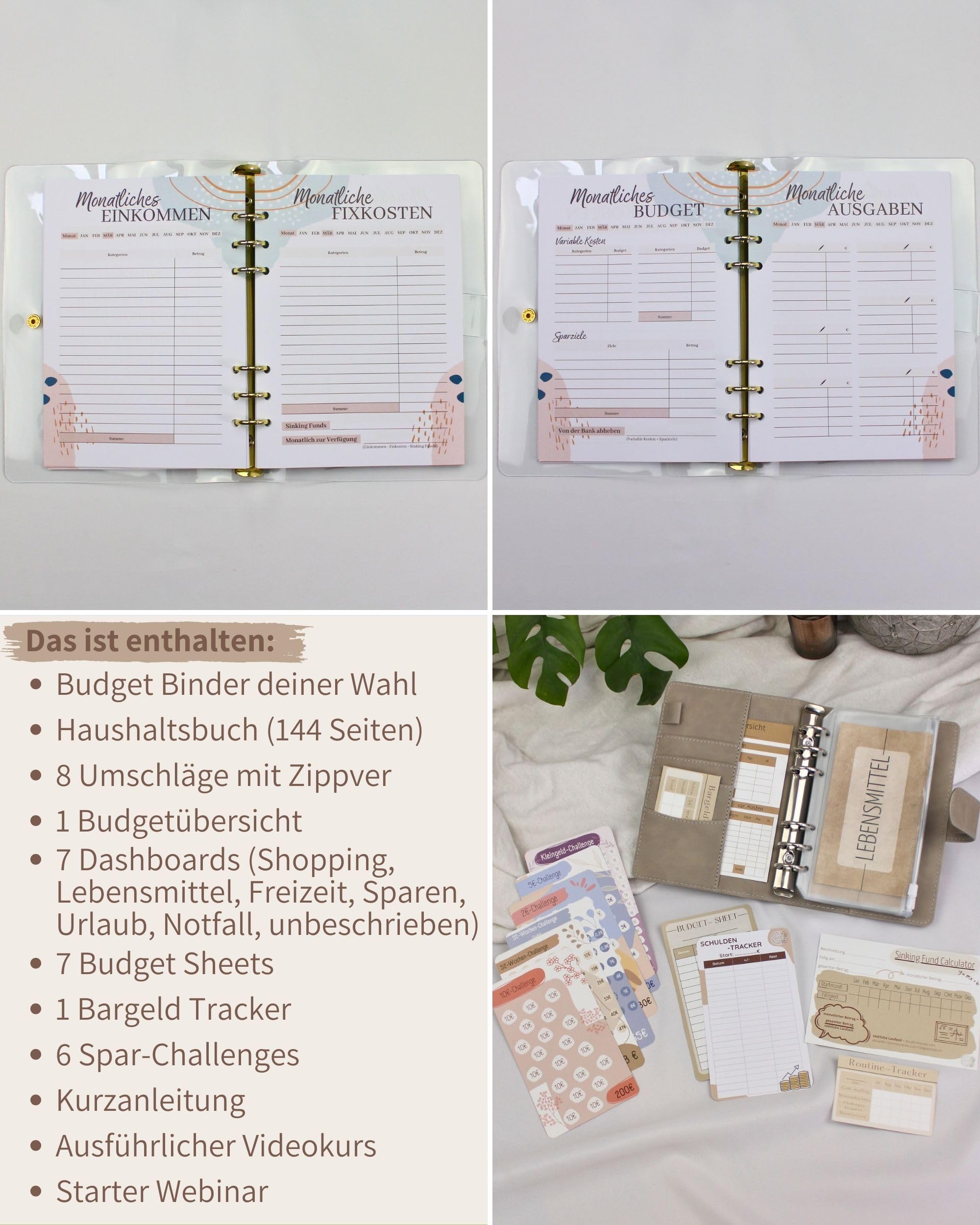 BeginnerBudget® Budget Planner tedesco – Starter set con agenda economica Sparchallenge in tedesco – Risparmia con metodo di busta + istruzioni – Raccoglitore ad anelli A6 – Rilegatura stile geco A6