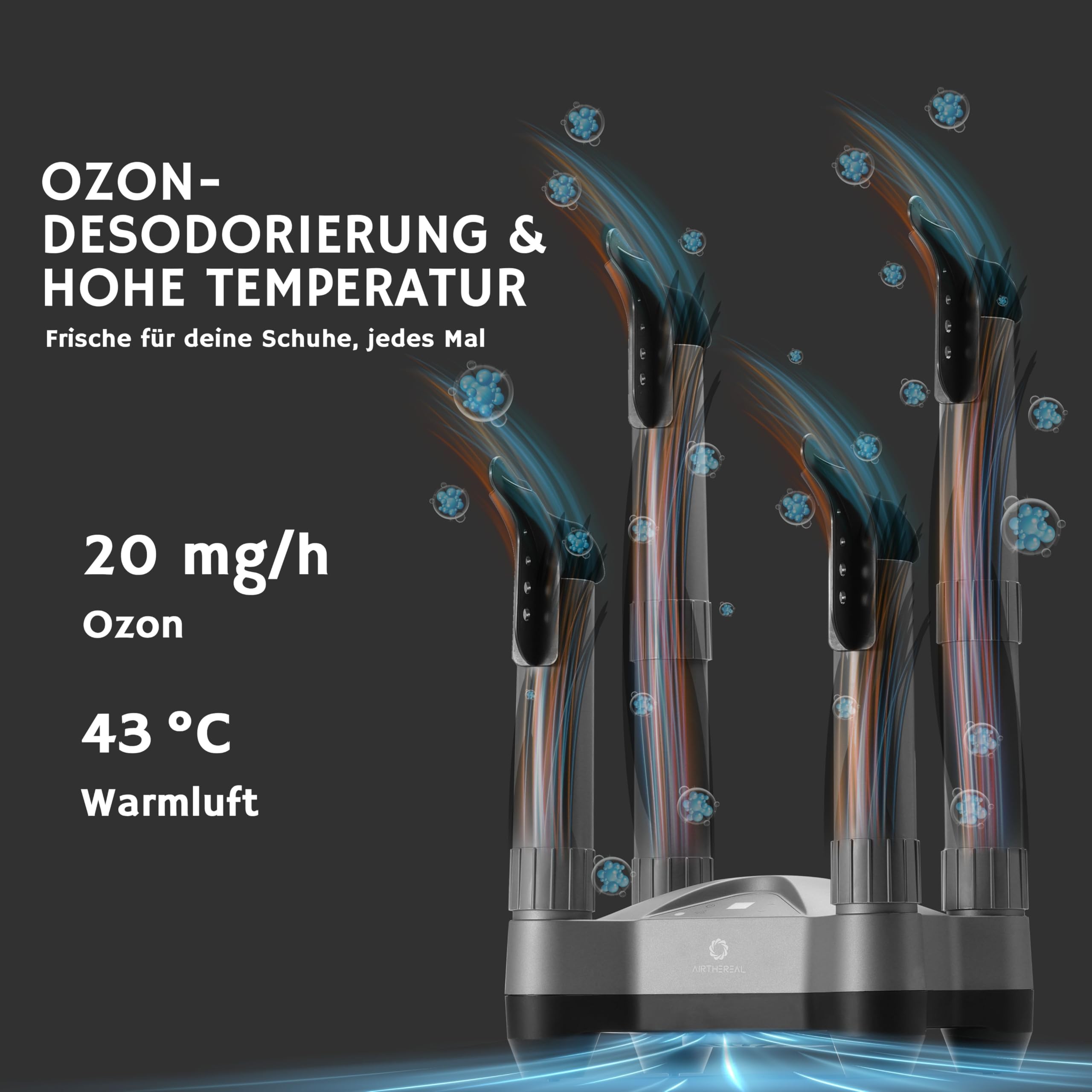 AIRTHEREAL SD20 Elektrischer Schuhtrockner mit Timer & Ozon-Desinfektion | 110W Warmluft für 2 Paar | Teleskop-Stiefeltrockner für Skistiefel, Arbeitsschuhe, Sneaker & Handschuhe | Grau