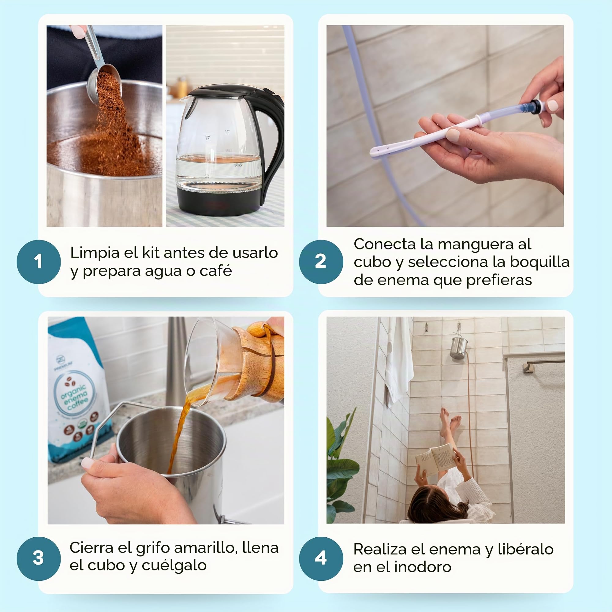 Kit de enema Premium EnemaTM, con bolsa de silicona de color azul, manguera de silicona, válvula de retención, 3 puntas y una bolsa de transporte, no contiene BPA o ftalatos