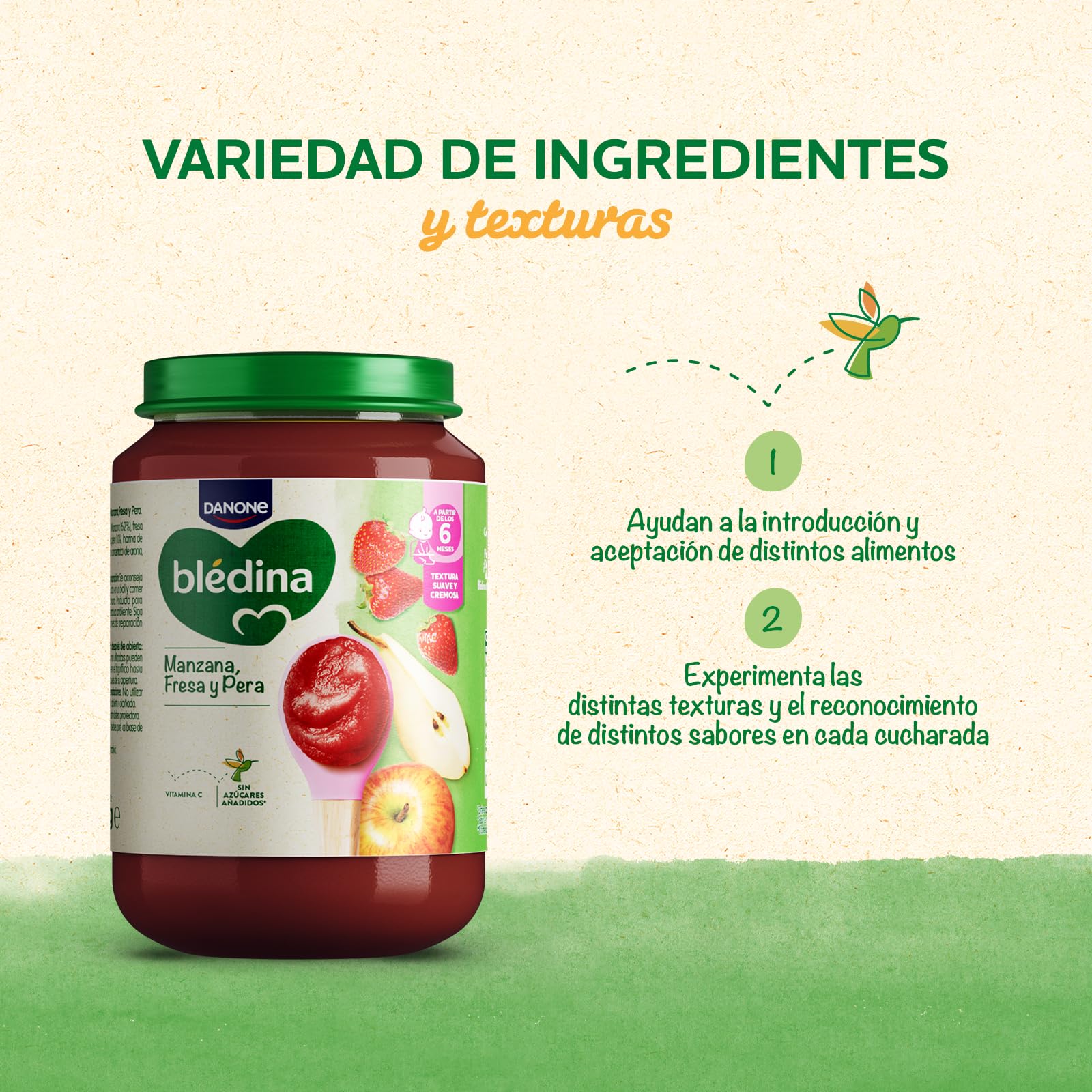 Blédina Tarritos de Manzana, Fresa y Pera para Bebé. Tarritos Blédina con Vitamina C y Sin Azúcares Añadidos. Alto contenido en fibra y Sin Lactosa. Desde los 6 Meses, Pack 6x200g