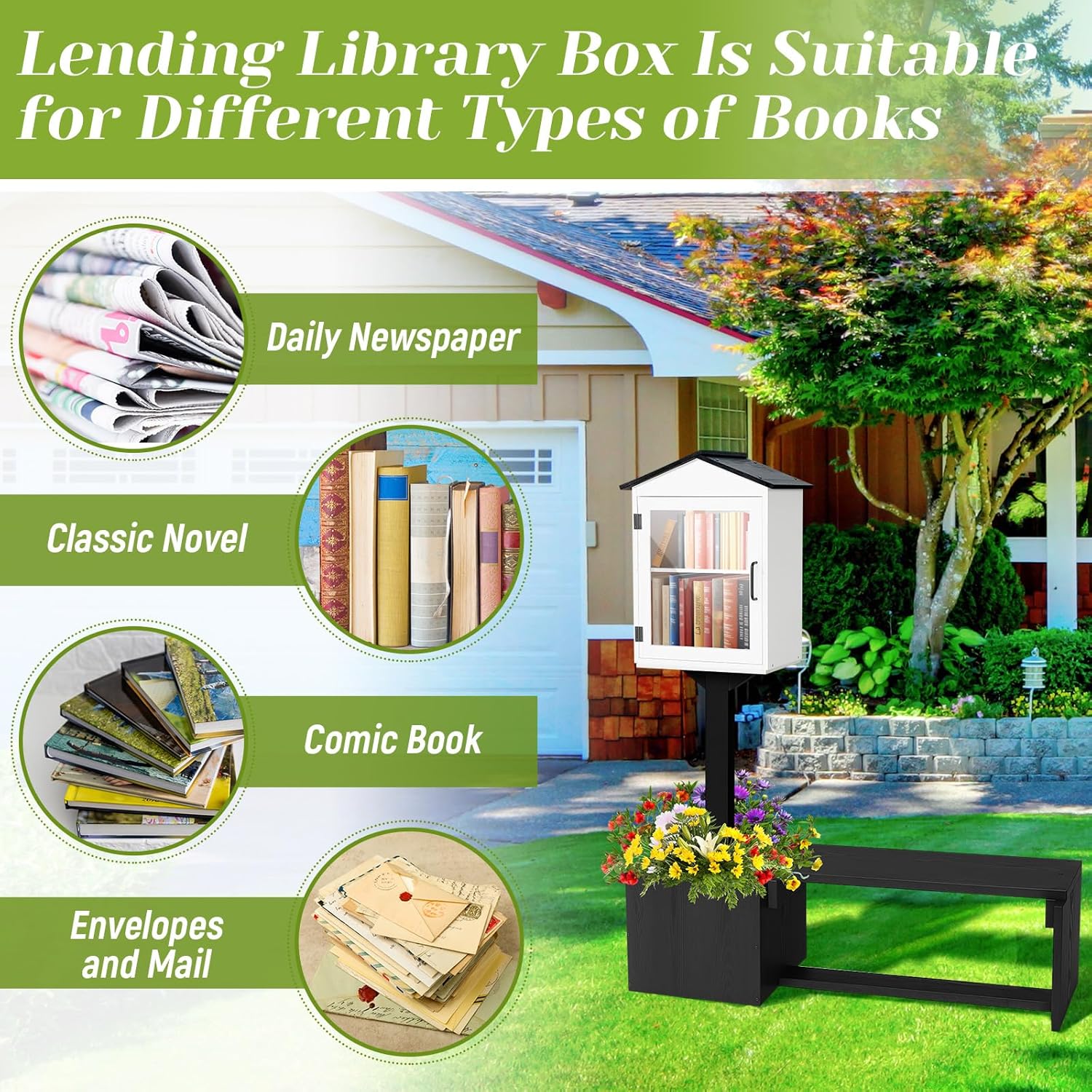 Little Library Box Outdoor, Weatherproof Solid Wood Free Library with Matching Wooden Seats Floor Plugs and Small Flower Fence for Neighborhoods Community School(Black and White)