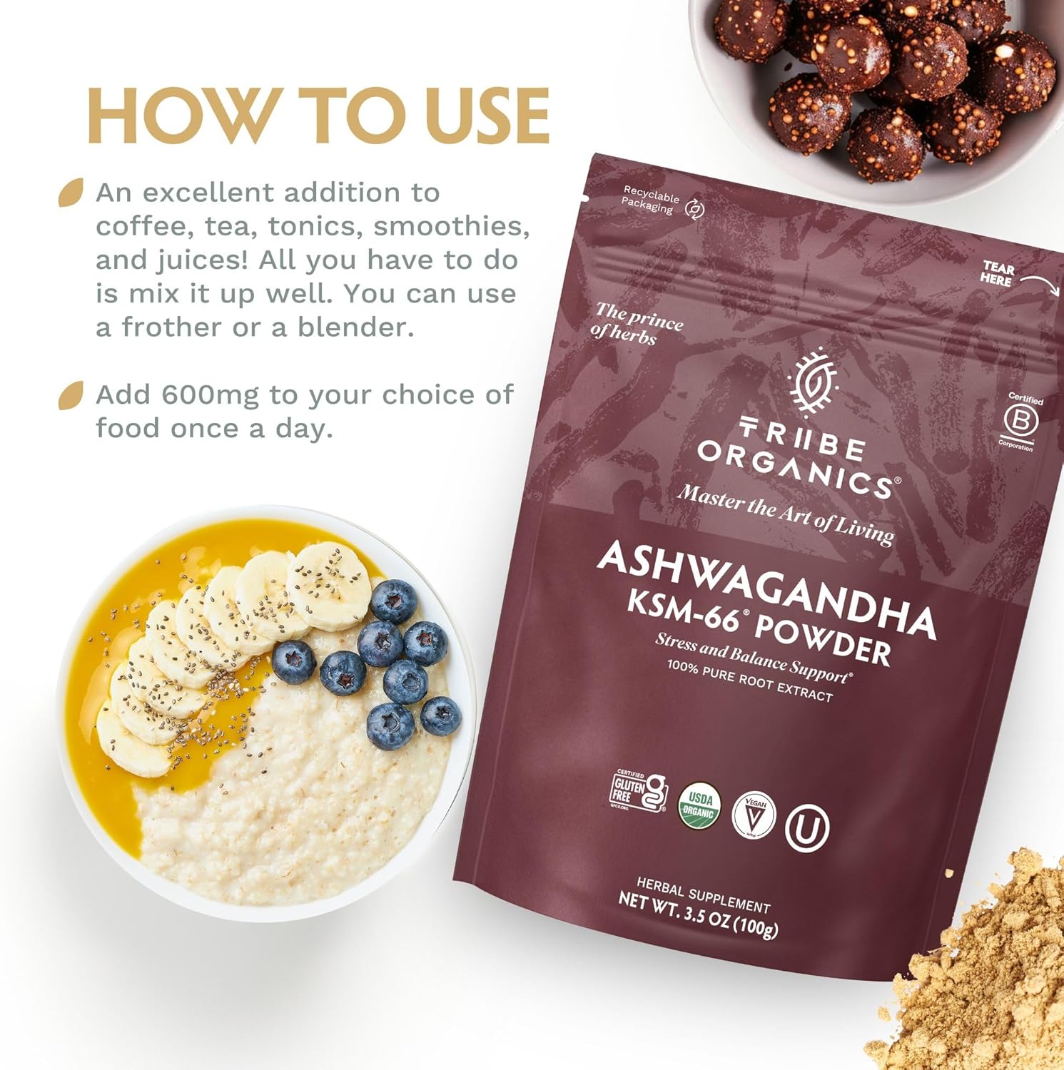 TRIBE ORGANICS KSM-66 Ashwagandha Root Extract Powder Ayurvedic Herb for Mood Support | Increase Energy | Strength - Organic | Natural | Gluten Free | Non GMO | Full-Spectrum - 100g Pouch - Image 4