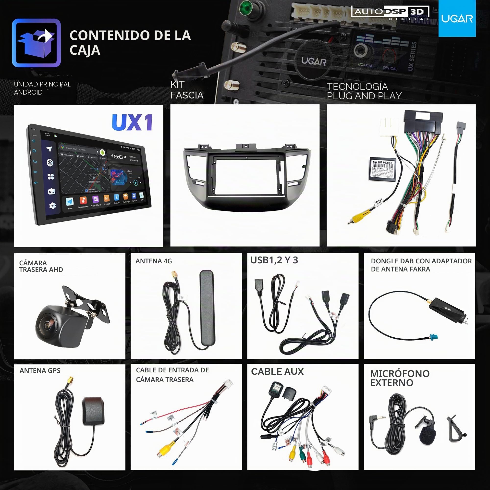 Autoestéreo UGAR Android 15 Compatible con Hyundai Tucson 2015-2018 9 Pulgada Radio con Pantalla táctil, CarPlay inalámbrico y Android Auto, 8 GB + 128 GB, Bluetooth, WiFi, DSP, Dab+, navegación GPS.