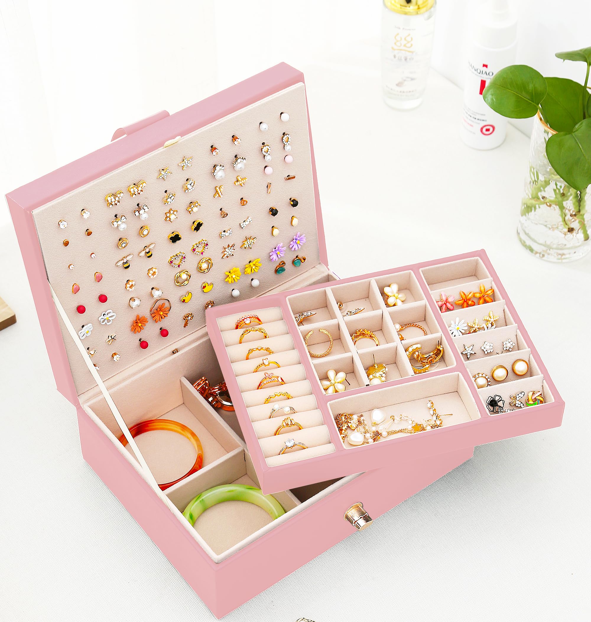 Girls Jewelry Box Earring Holder Organizer for Girls Earring Organizer Teen Jewelry Box Organizer for Girl Pink jewelry Boxes for Earrings Necklaces Rings Stud Earrings Box Organizers Teens