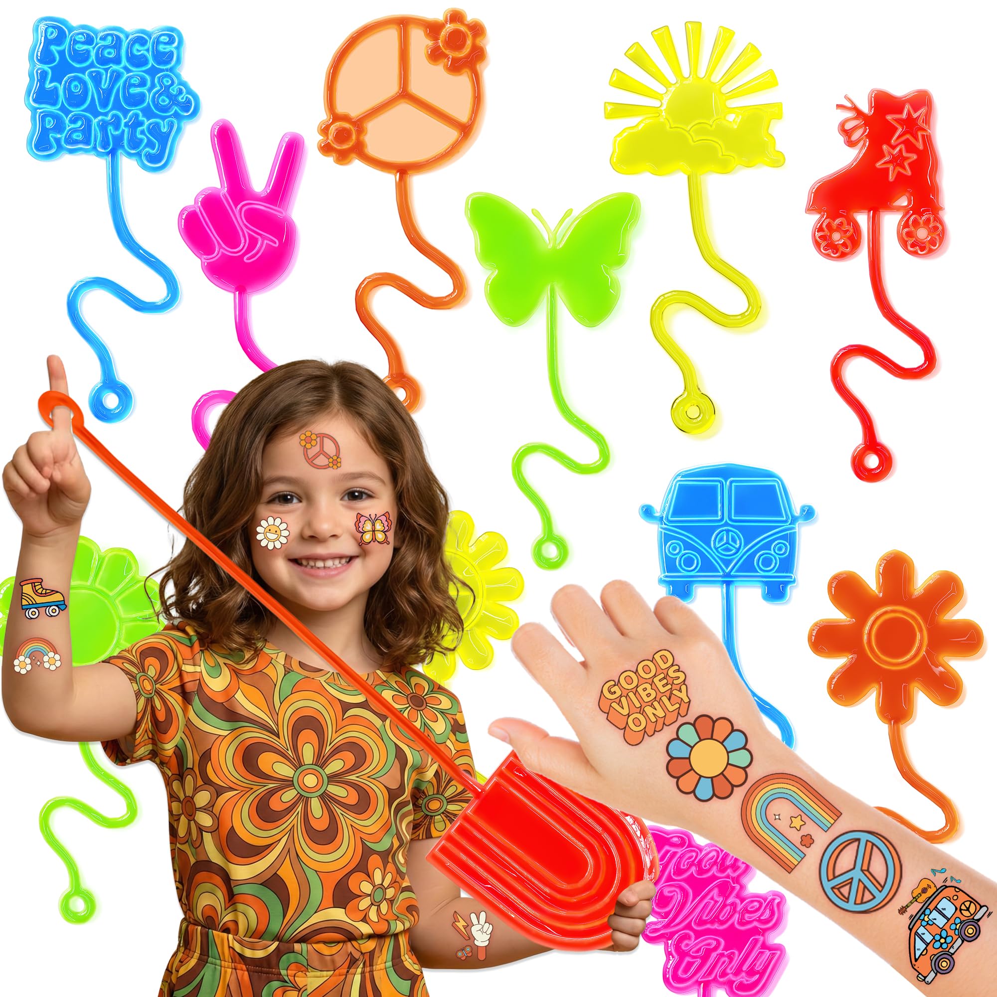 48 PCS Groovy Party Favors for Kids - 24 Temporary Tattoos & 24 Stick Hands