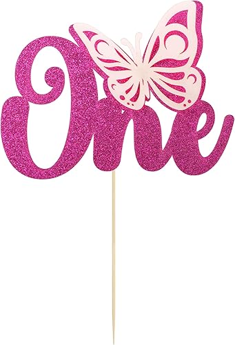 Miniatura 3 de Gyufise 1 decoración de mariposa para pastel con purpurina roja rosa para baby shower, 1er cumpleaños, decoración para fiesta de cumpleaños de 1er