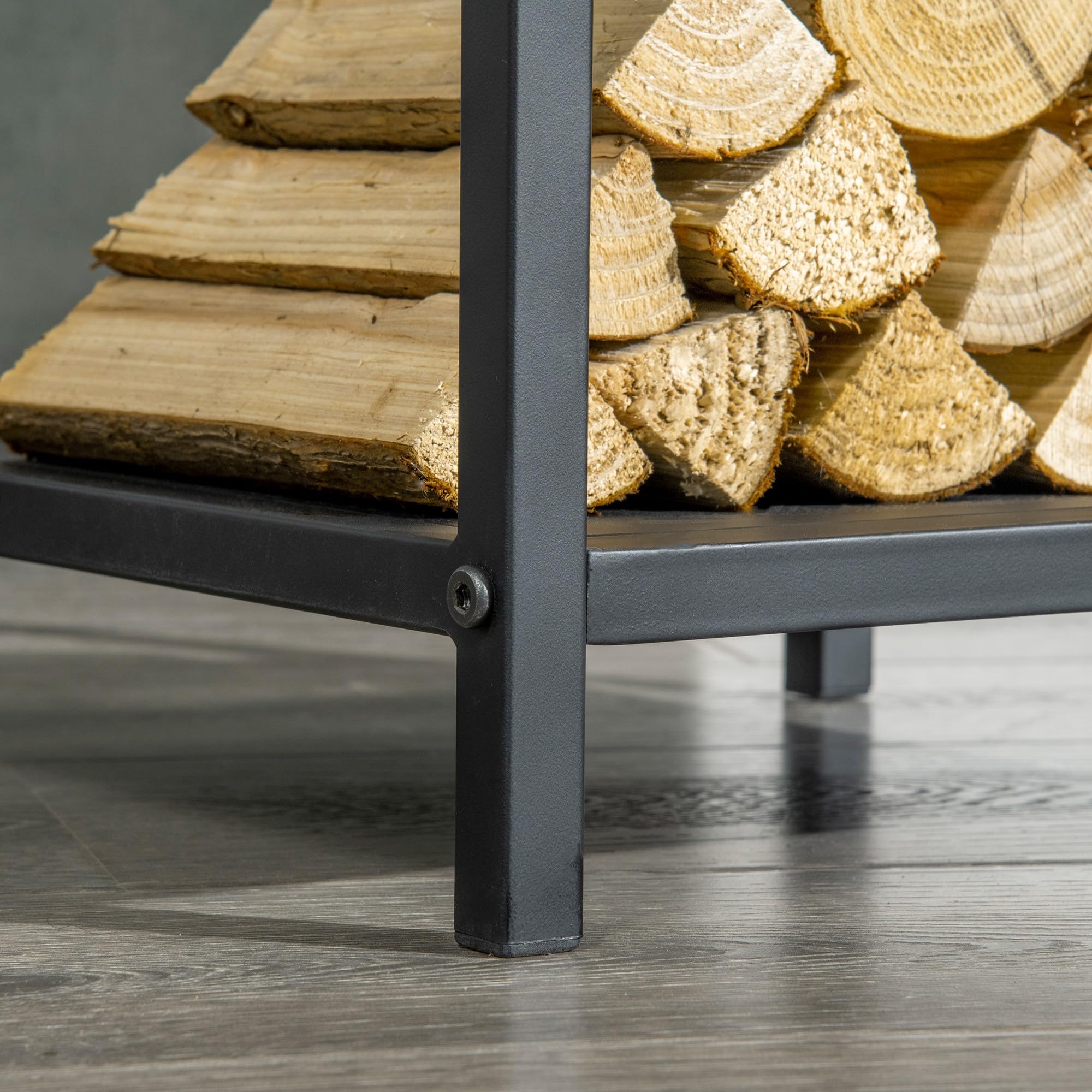 Outsunny Soporte para Leña Estante de Leña Metálico Leñero de Exterior con Ganchos Pala Cepillo Atizador y Tenazas Carga 65 kg para Interior y Exterior 34x34x111 cm Negro