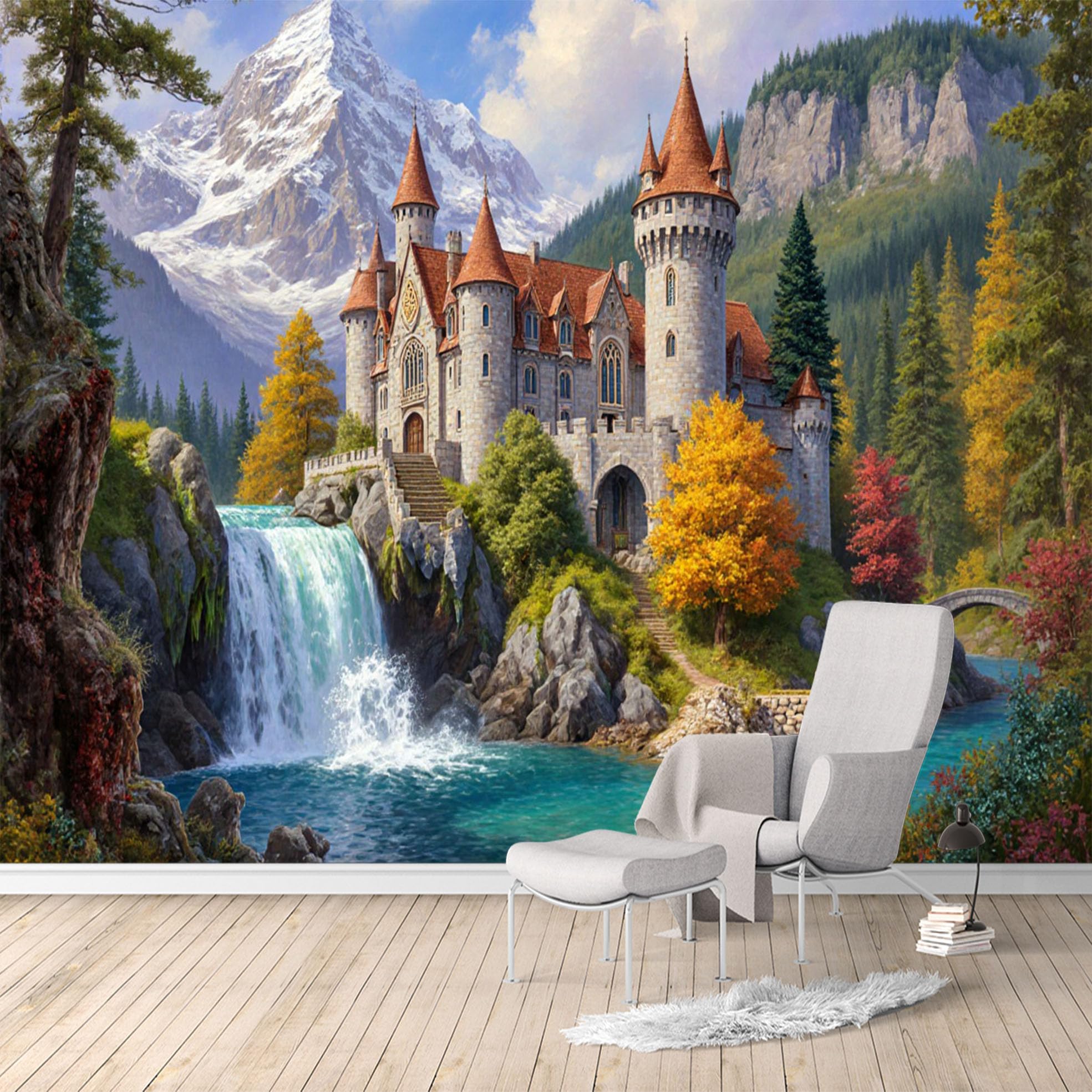 Custom Size Wall Murals, Enchanted Castle Waterfall Landscape, SelfAdhesive Water Activated Removable Wall Covering, Large Photo Wallpaper for Living Room Bedroom Office