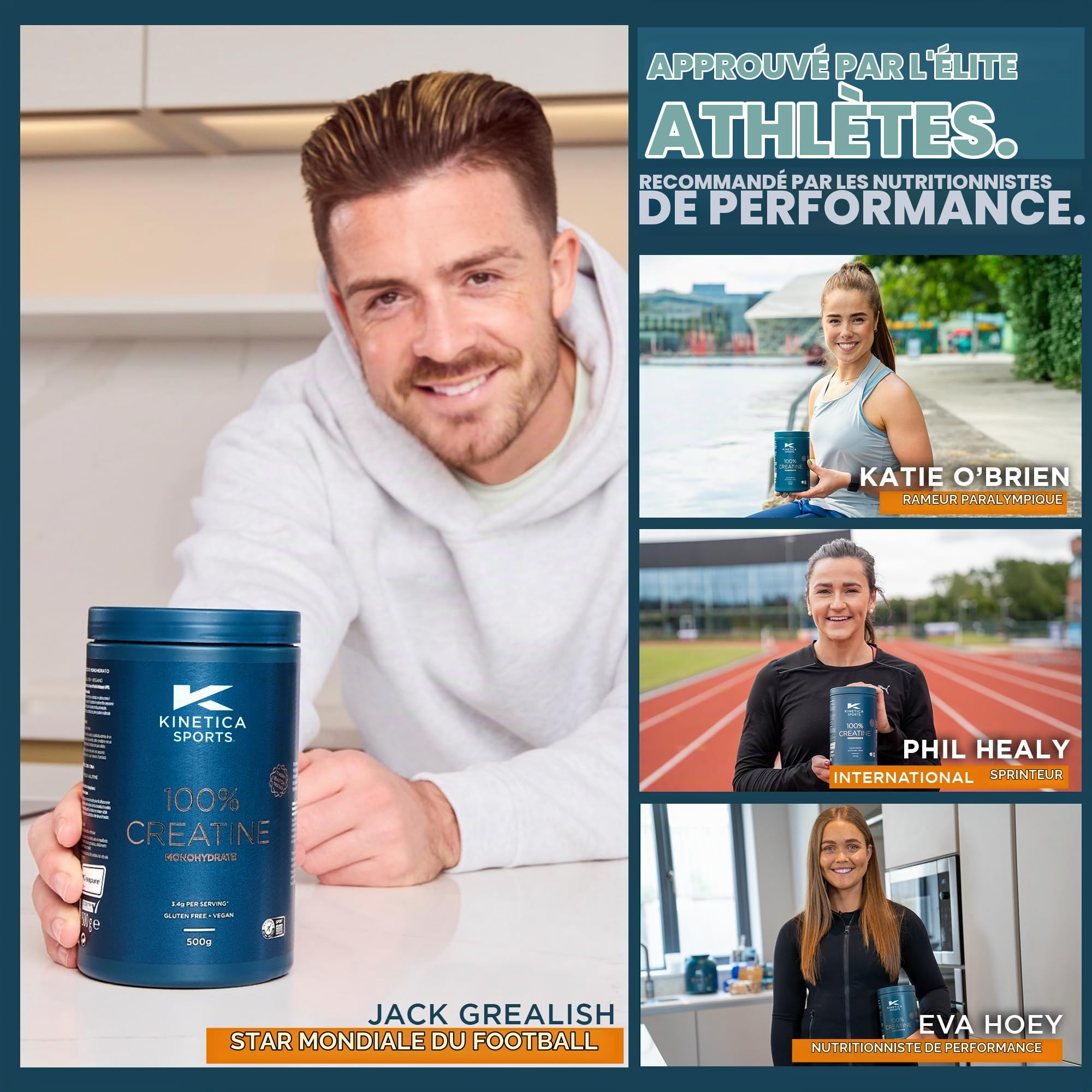 Kinetica 100% Créatine en poudre 500g, Monohydrate de Créatine, 147 portions, poudre de créatine pour athlètes, conforme à l'AMA, facilement soluble, végétarienne, sans gluten