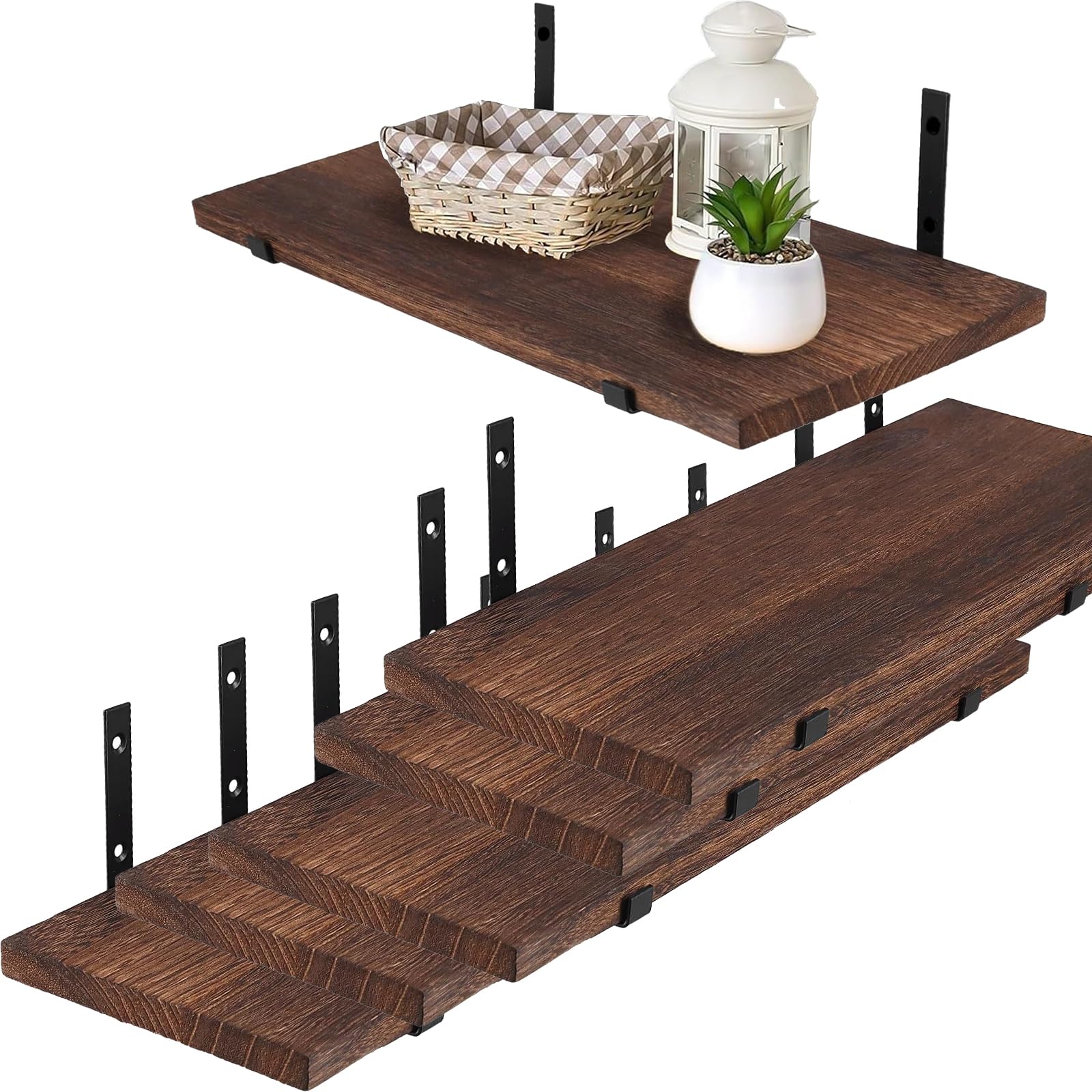 ZOENHOU Set of 6 Wall Mounted Wood Floating Shelves, 16 Inch Rustic Wood Floating Wall Shelf with Screws