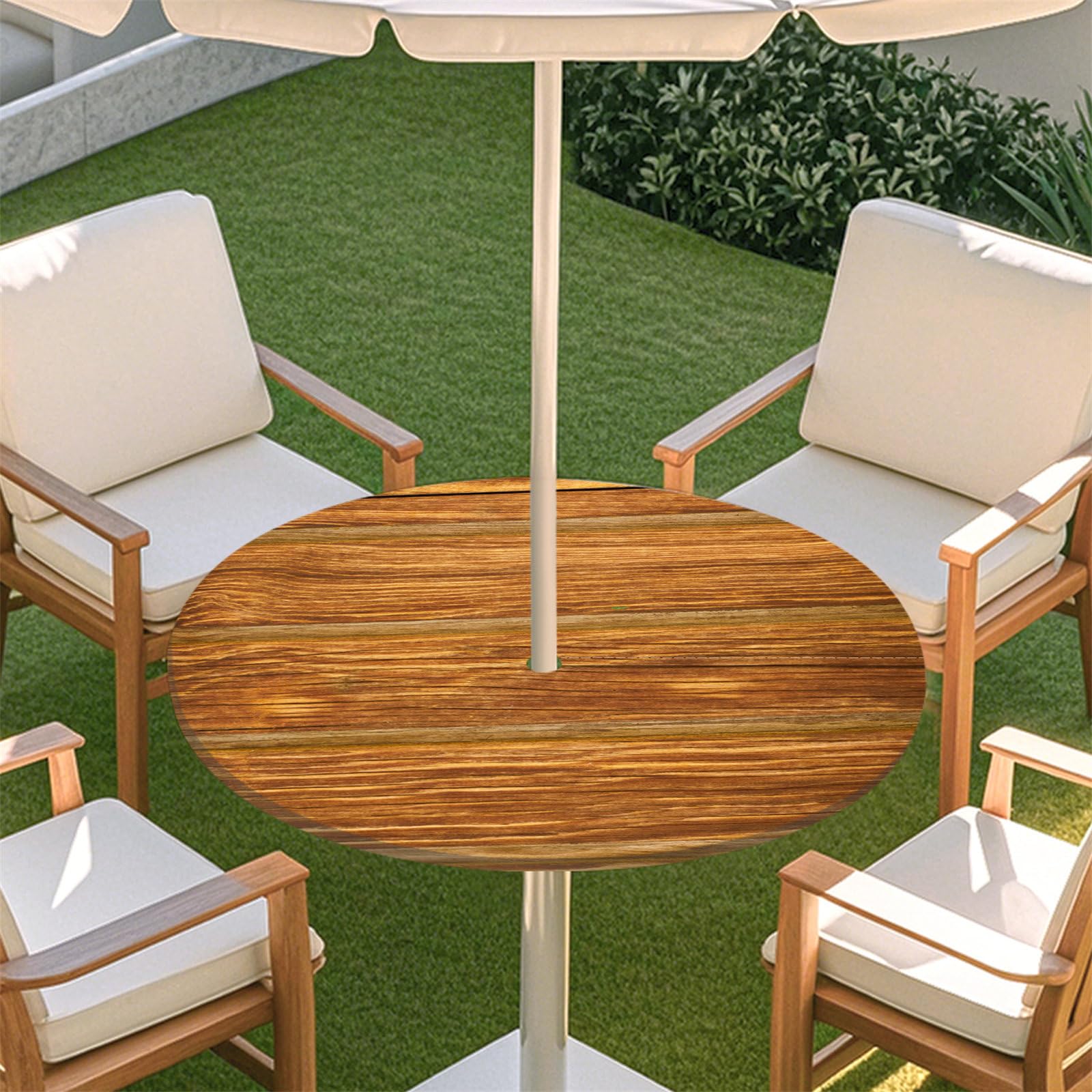 Fasbuy Outdoor Round Tablecloth with Parasol Hole and Zipper, Woodgrain Table Cloth Waterproof, Damask Ceramic Tile Mandala Wipeable Tablecloths Elastic Edge for Patio Garden (Orange,S)