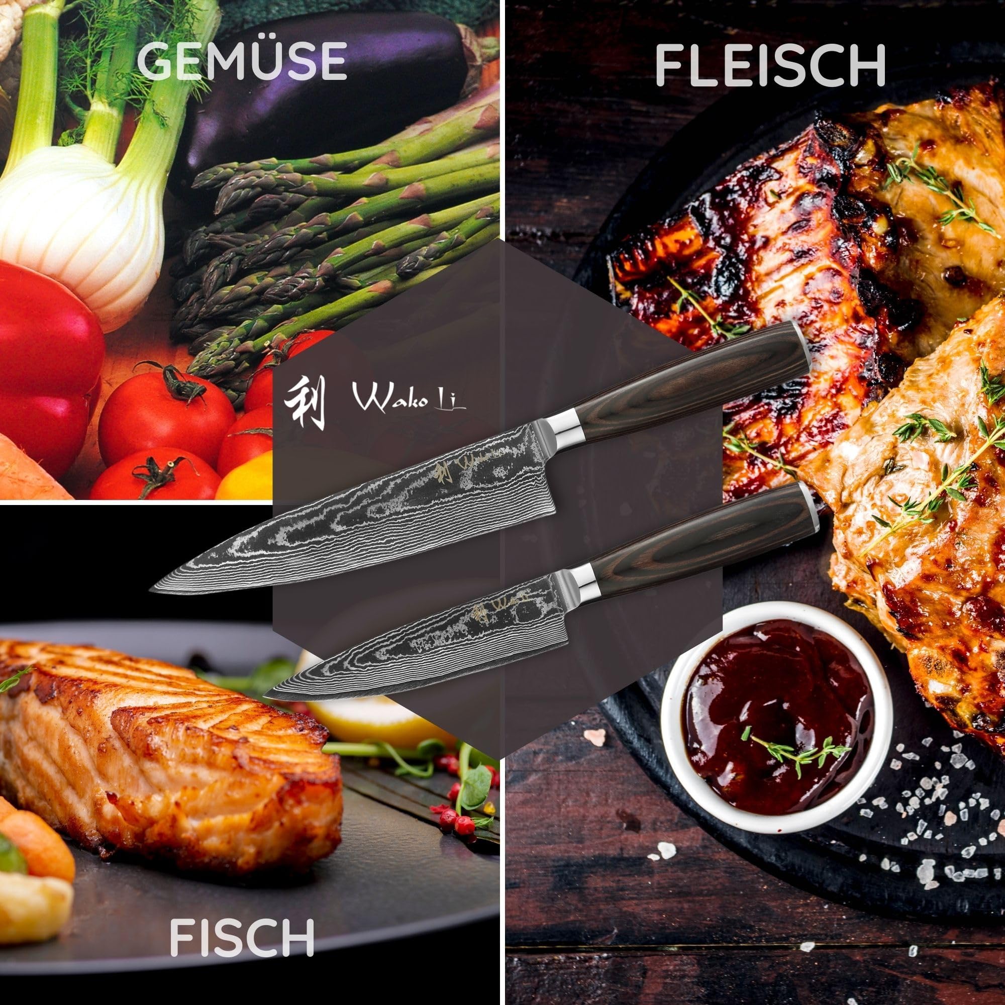 Wakoli EDIB Essentials Santoku Messer Küchenmesser Set (2-teilig) 30 & 24 cm Damastmesser aus 67 Lagen Damaststahl mit Pakkaholzgriff Gemüsemesser inkl. Geschenkbox