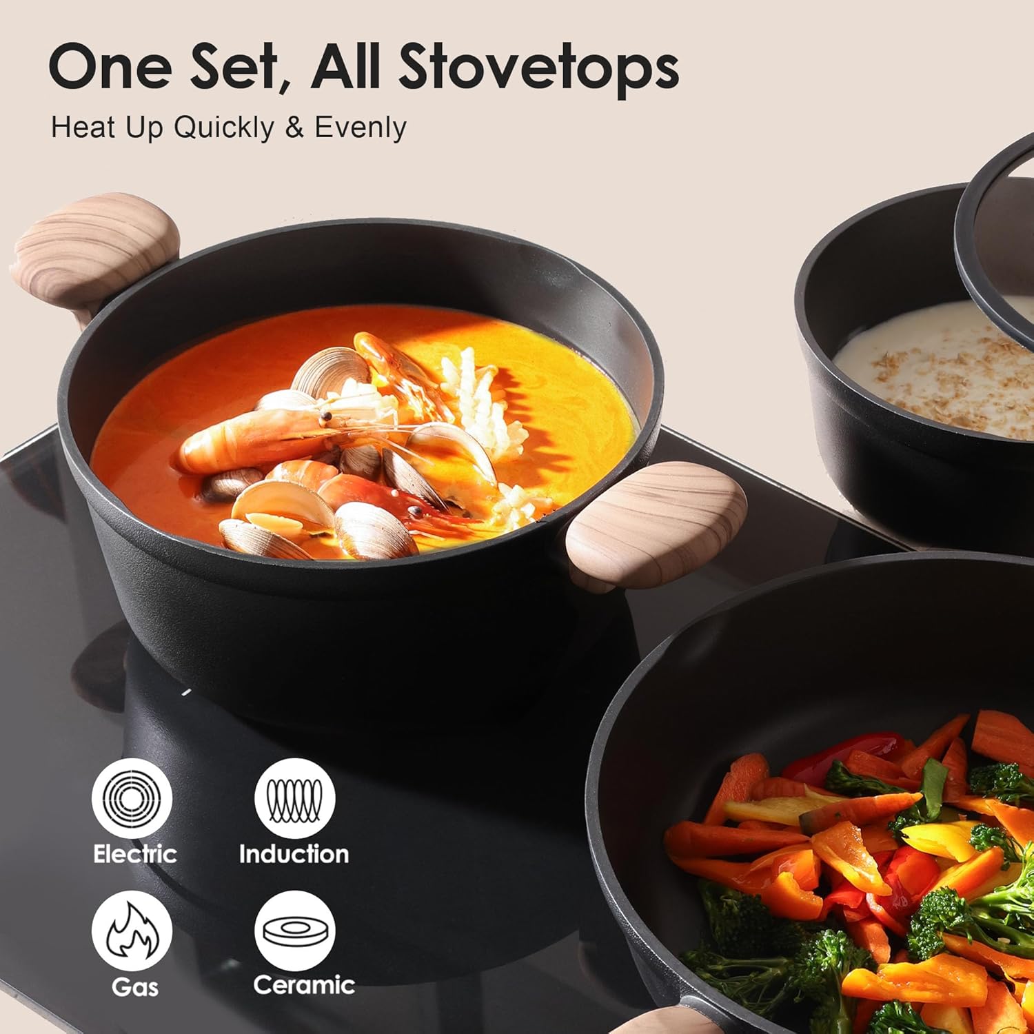 SENSARTE Nonstick Pots and Pans Set 17pcs, Healthy Induction Cookware Set, Kitchen Cooking Set with Skillets & Saucepans, Stay-cool Handles, Dishwasher Safe, PFOA PFOS Free, Matte Black - Image 4