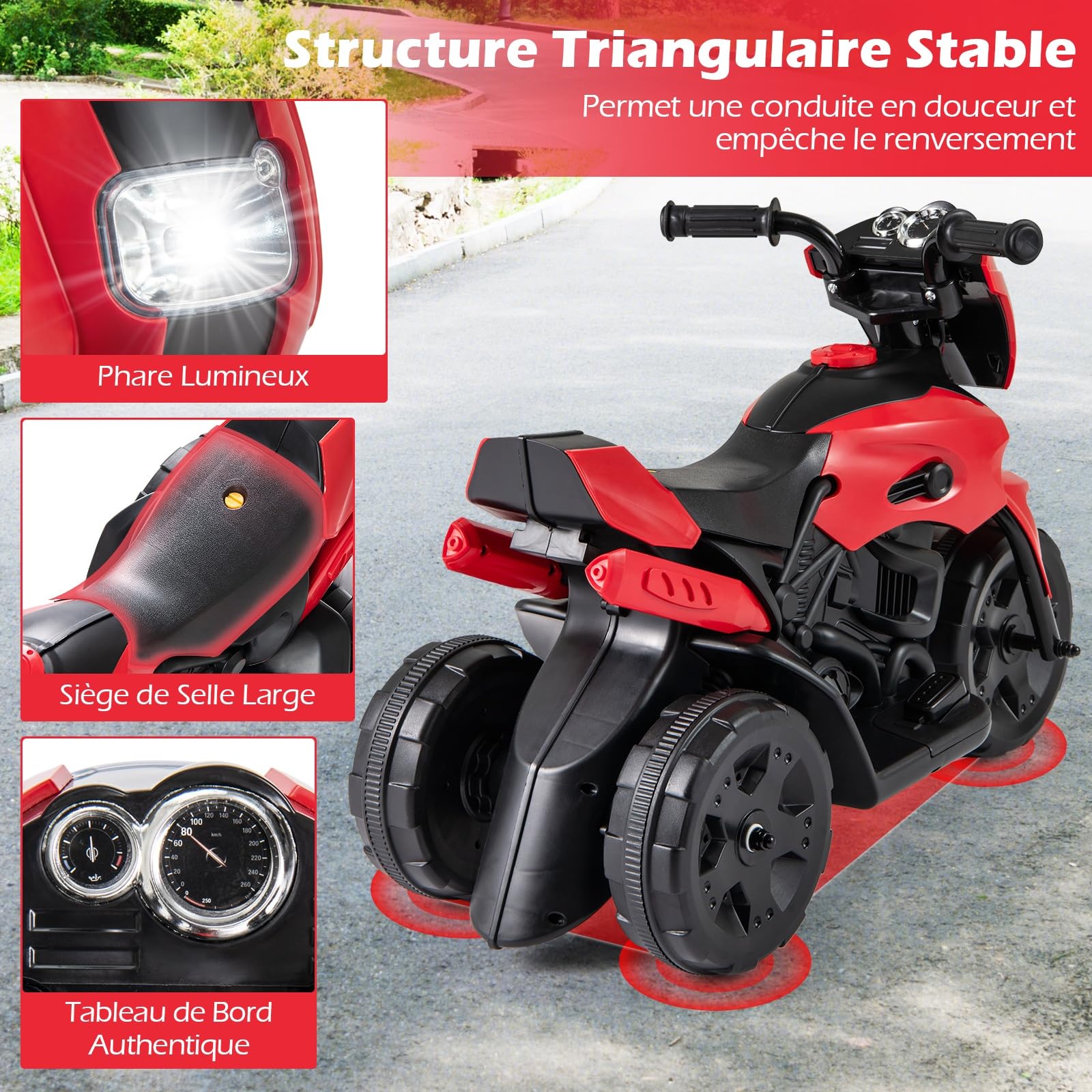 GOPLUS 6V Moto Électrique Enfants 3-6 Ans à 3 Roues, Voiture Electrique Enfant Phare LED, Pédale, Direction Limitée, 2-3 km/h pour Enfants Filles et Garçons, Charge 20KG (Rouge)