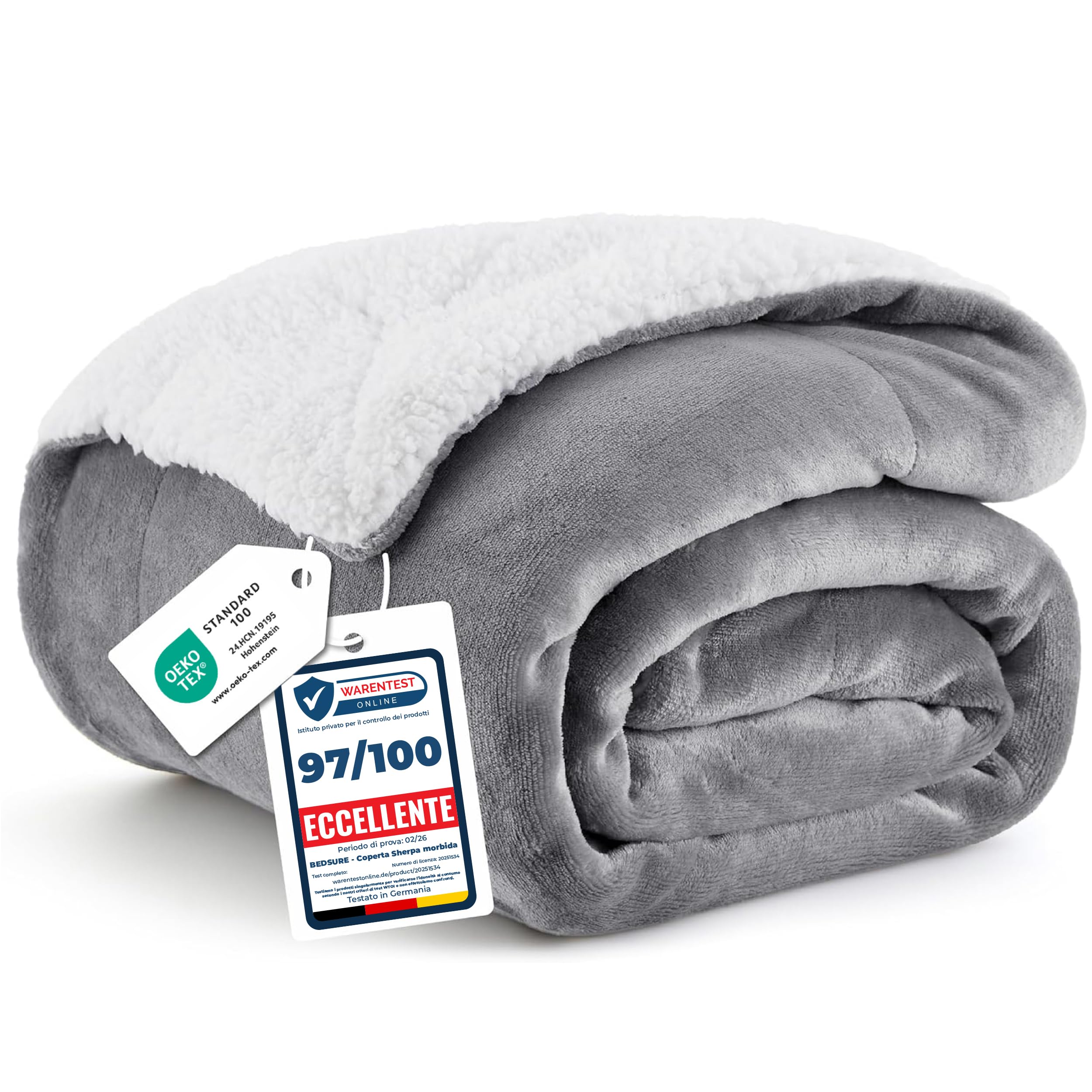Bedsure Coperta in Pile Sherpa - Plaid Divano e Letto, Coperta Calda Accogliente, Sherpa Extra Spessa Morbida, Coperta Termica Copridivano Matrimoniale, XL 150x200 cm, Grau