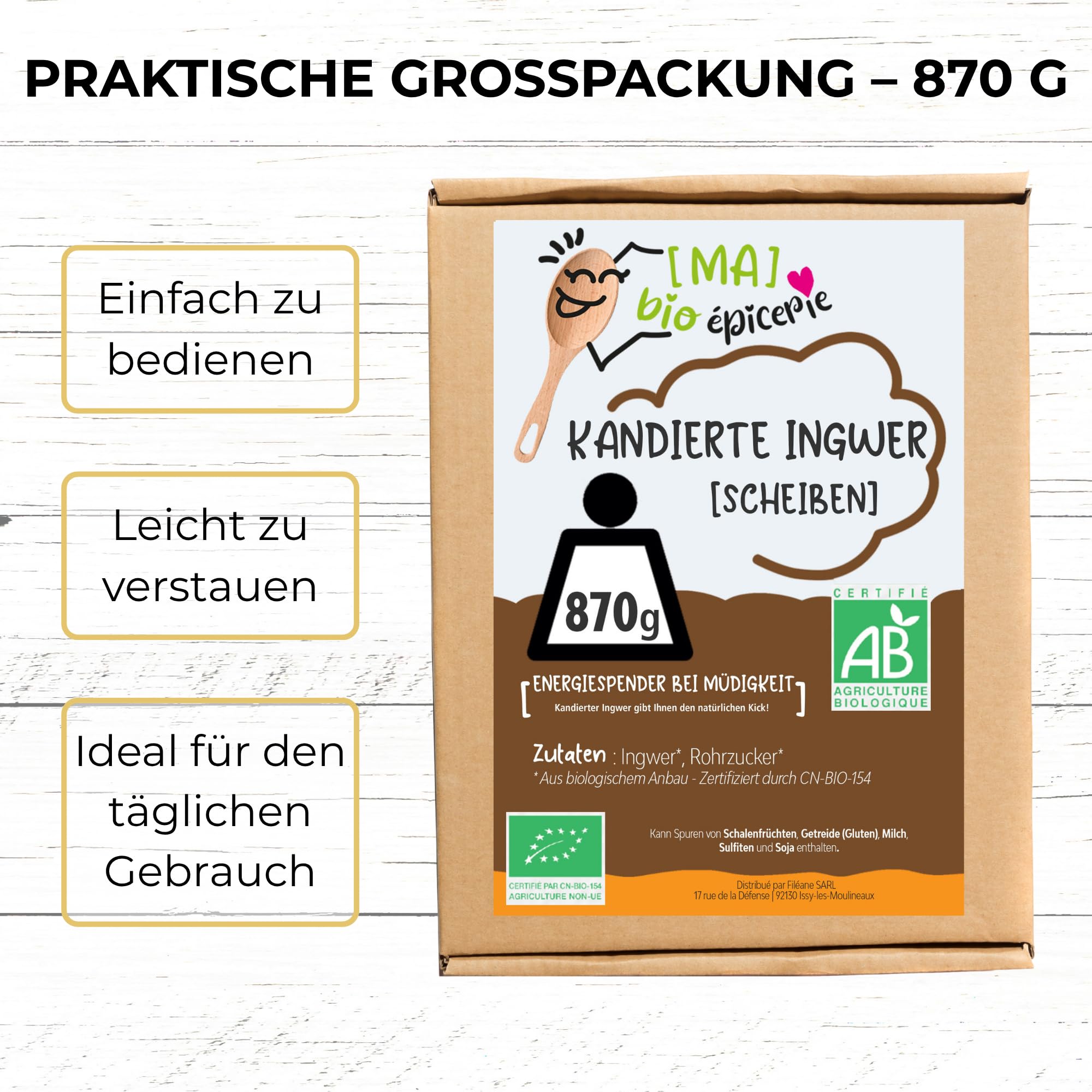 MA bio-épicerie - Kandierter Ingwer Bio in Scheiben 870 g - Getrockneter Ingwer lose ohne Konservierungsstoffe - Bio Trockenfrucht für Küche und Genuss