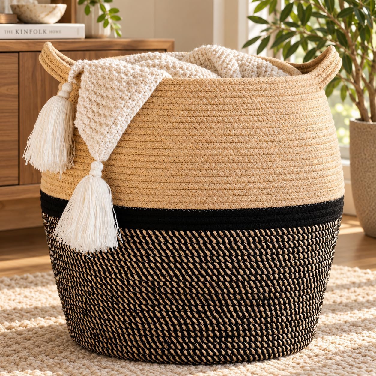 KAKAMAY Woven Baskets for Storage(17"x17"),Large Cotton Rope Woven Baby Laundry Hamper,Collapsible Laundry Basket, Blanket Basket for Organizing Living Room,Nursery,Clothes,Toy chest (Black)