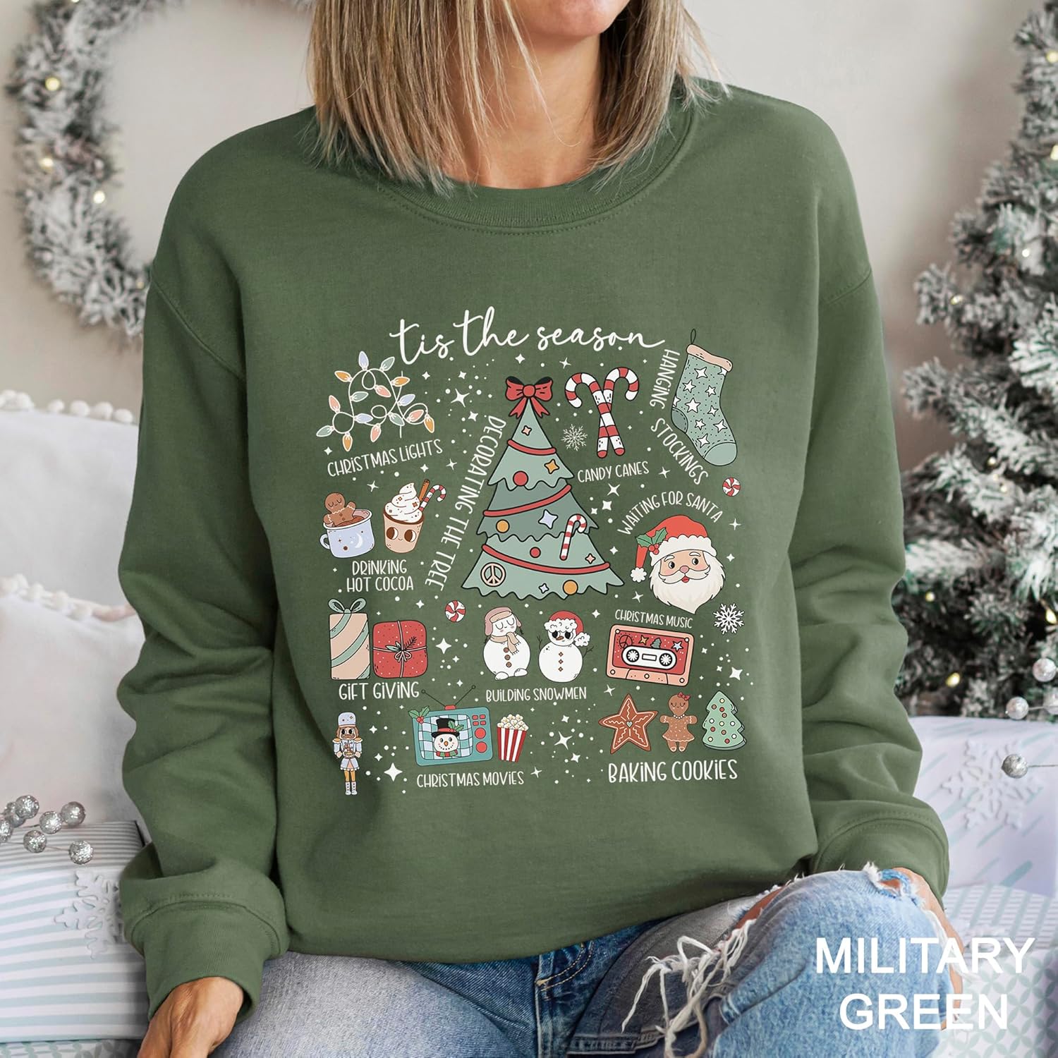 Tis the Season Christmas Sweatshirt | Cute Holiday Doodle Collage Pullover | Unisex Festive Crewneck Multi - Image 7