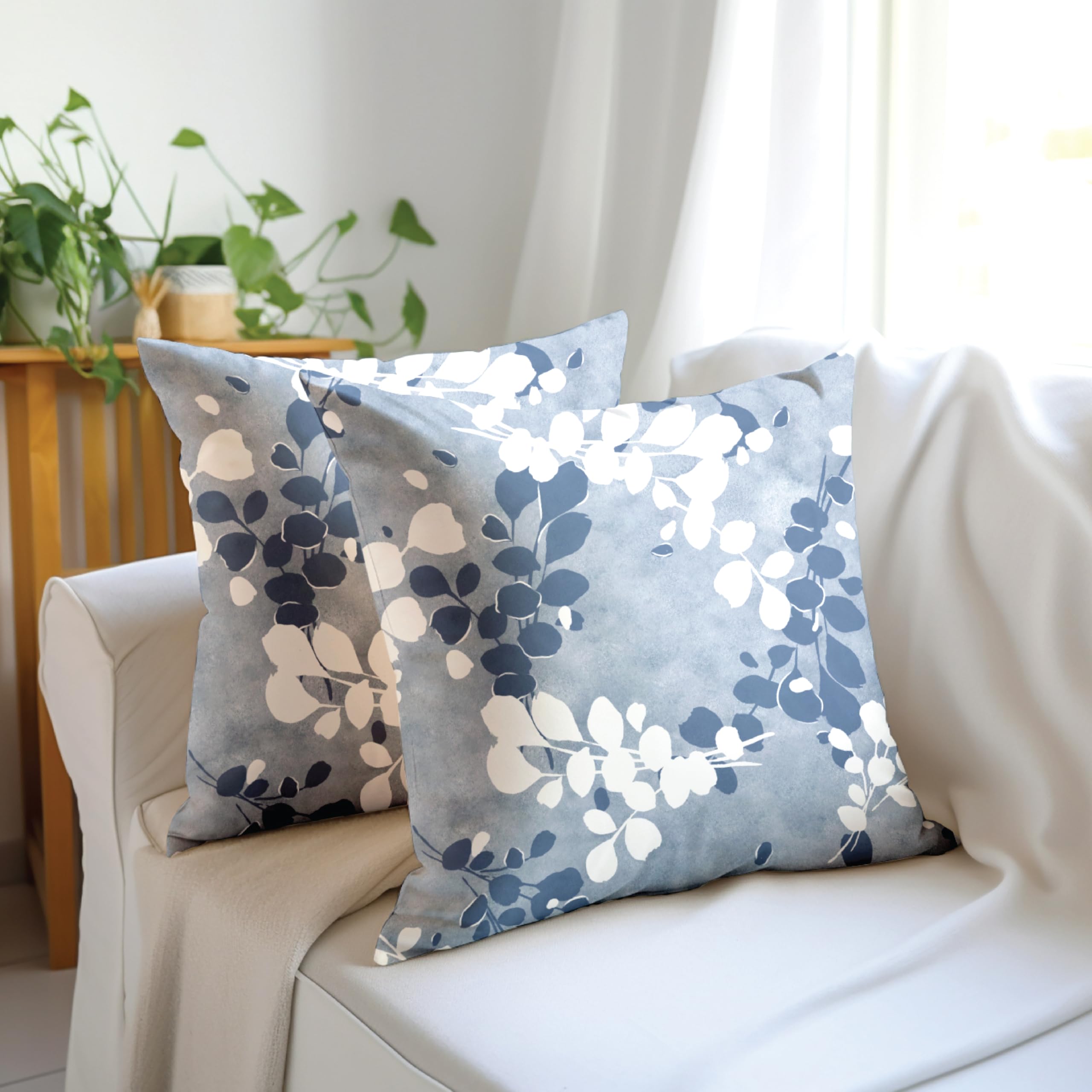 Encasa XO Decorative Throw Pillow Covers 20x20 in - Polyester Floral Digital Print L2 Blue, 50 x 50 cm (Pack of 2)