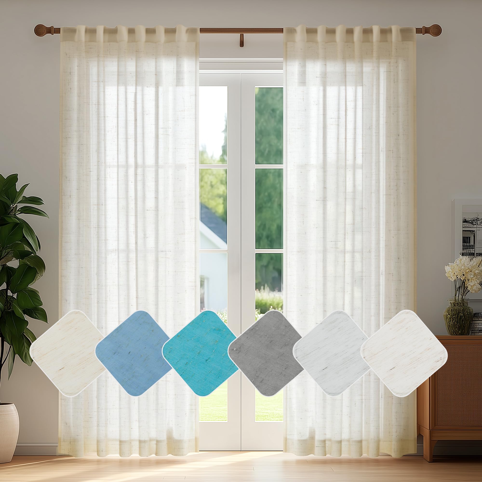 Deconovo Semi Sheer Curtains for Living Room Bedroom, Faux Linen Back Tab Voile Panels, 52x63 Inch Length, Light Filtering Privacy Window Drapes, 2