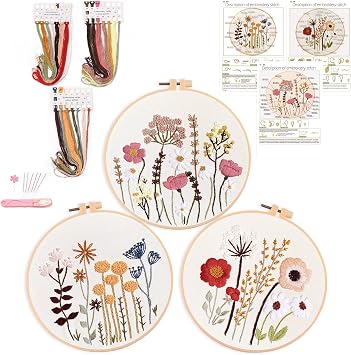 Harimau 3 Pack Embroidery Kit for Beginners , Floral Plant Pattern,Cross Stitch Kits Set , Including Stamped Embroidery Cloth with 3 Embroidery Hoops, Color Threads and Tools Flower