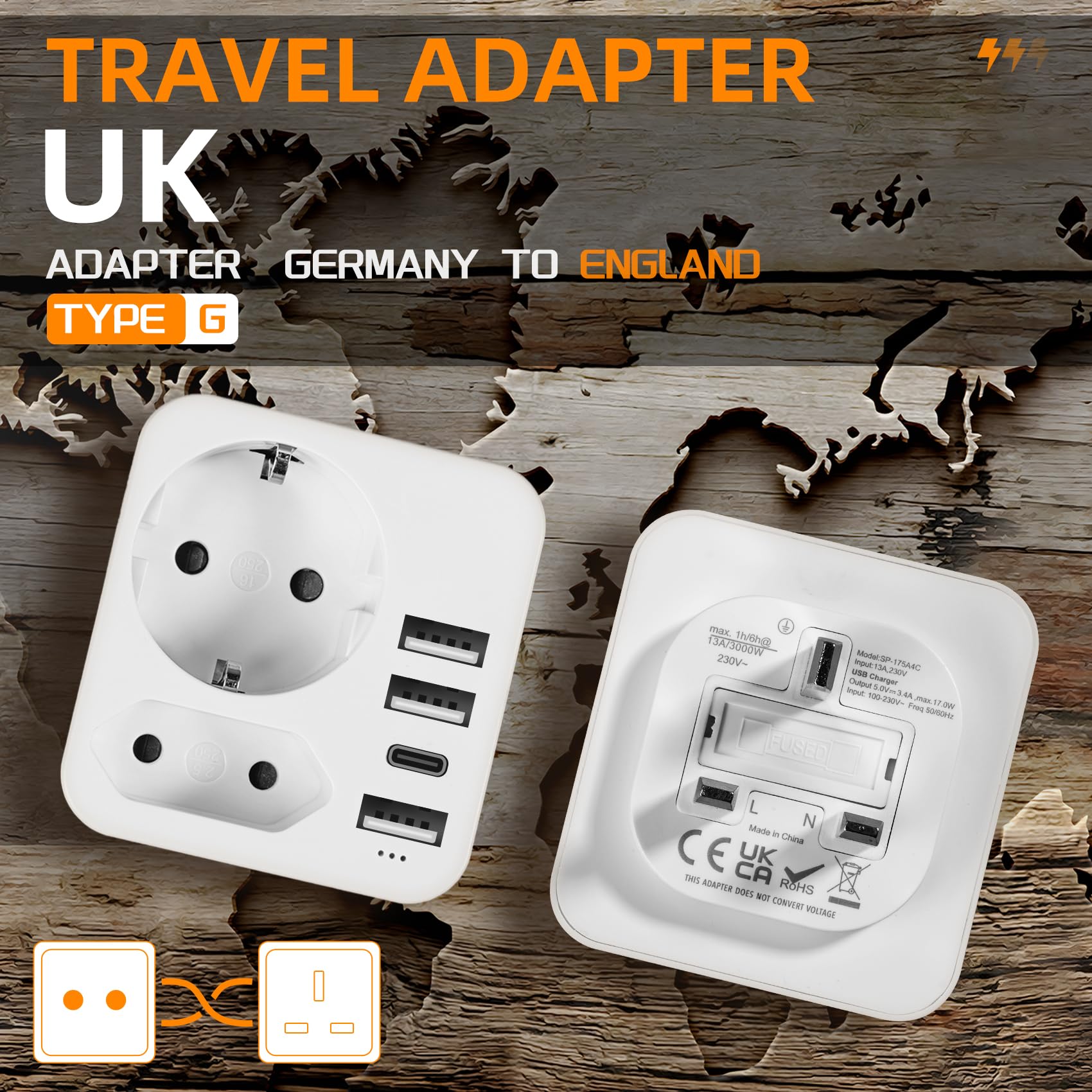 Carehabi Adaptateur Prise Anglaise, Prise Anglaise Adaptateur Francais avec 3 USB-A et 1 USB-C, Type G, Adaptateur UK, Adaptateur Prise Irlande, Prise Type G pour Angleterre Malte Malaisie