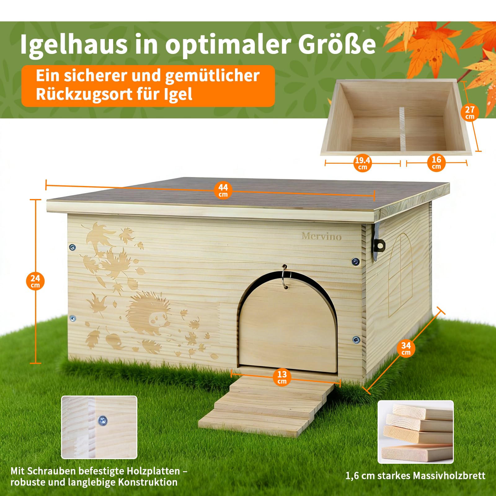 Mervino Igelhaus Holz mit Rattenklappe und Boden - Robustes Igelhotel Winterfest, mit Leiter & wasserdichtem Dach als Gartenunterschlupf für Winterschlaf und Sommeraufenthalt (44x34x24 cm)