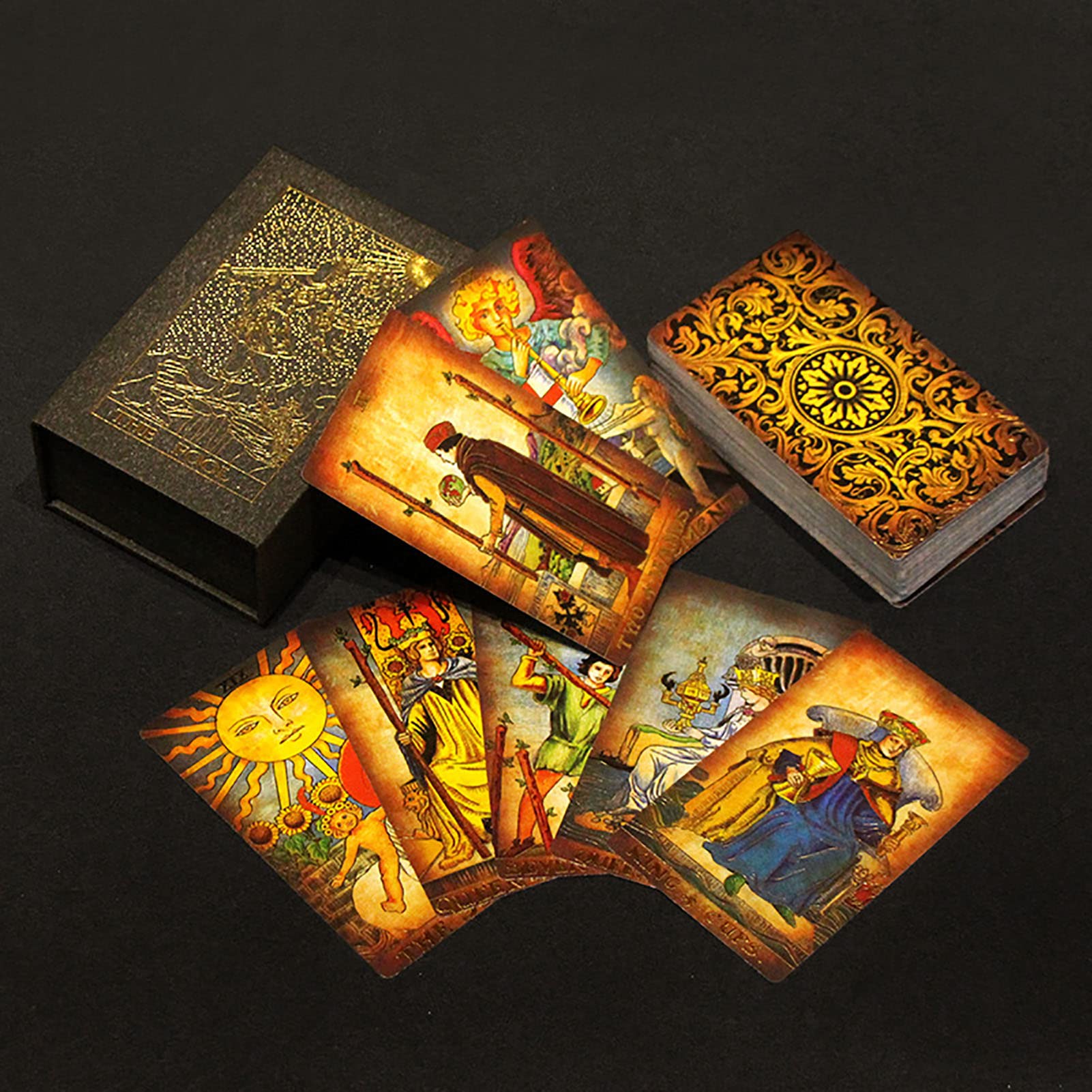 Juego de Cartas de Tarot con Instrucciones en Inglés, Juego de Adivinación de Cartas de Tarot para Lectores Expertos Principiantes,Oro