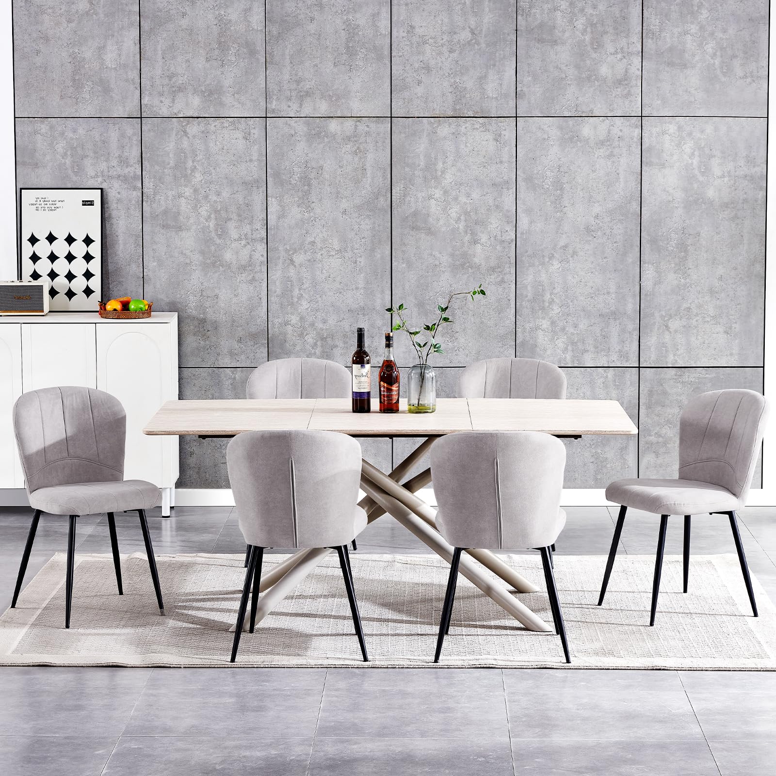 Set di 6 Sedie Sala da Pranzo, Sedie da Cucina, Sedia Imbottita, Schienale in Tessuto con Gambe in Metallo Nero per Sala da Pranzo, Cucina, Grigio Pallido.