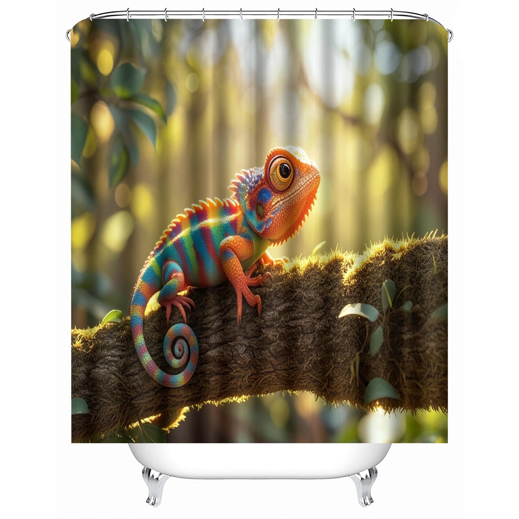 Rideau de douche anti moisissure et imperméable motif caméléon forêt coloré