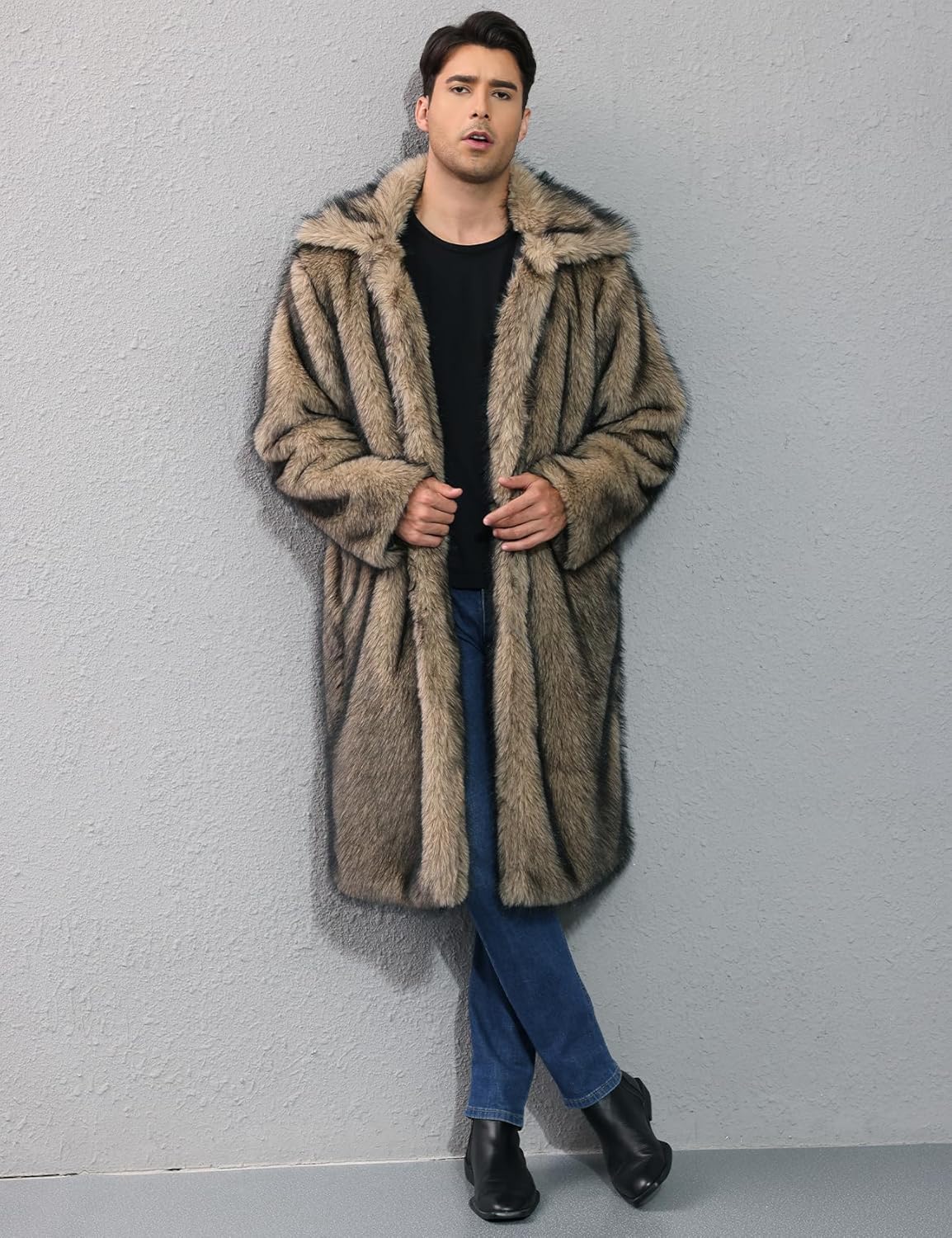 Mens Faux Fur Fluffy Coat Winter Long Jacket Warm Lapel Collar Shaggy Parka Overcoat