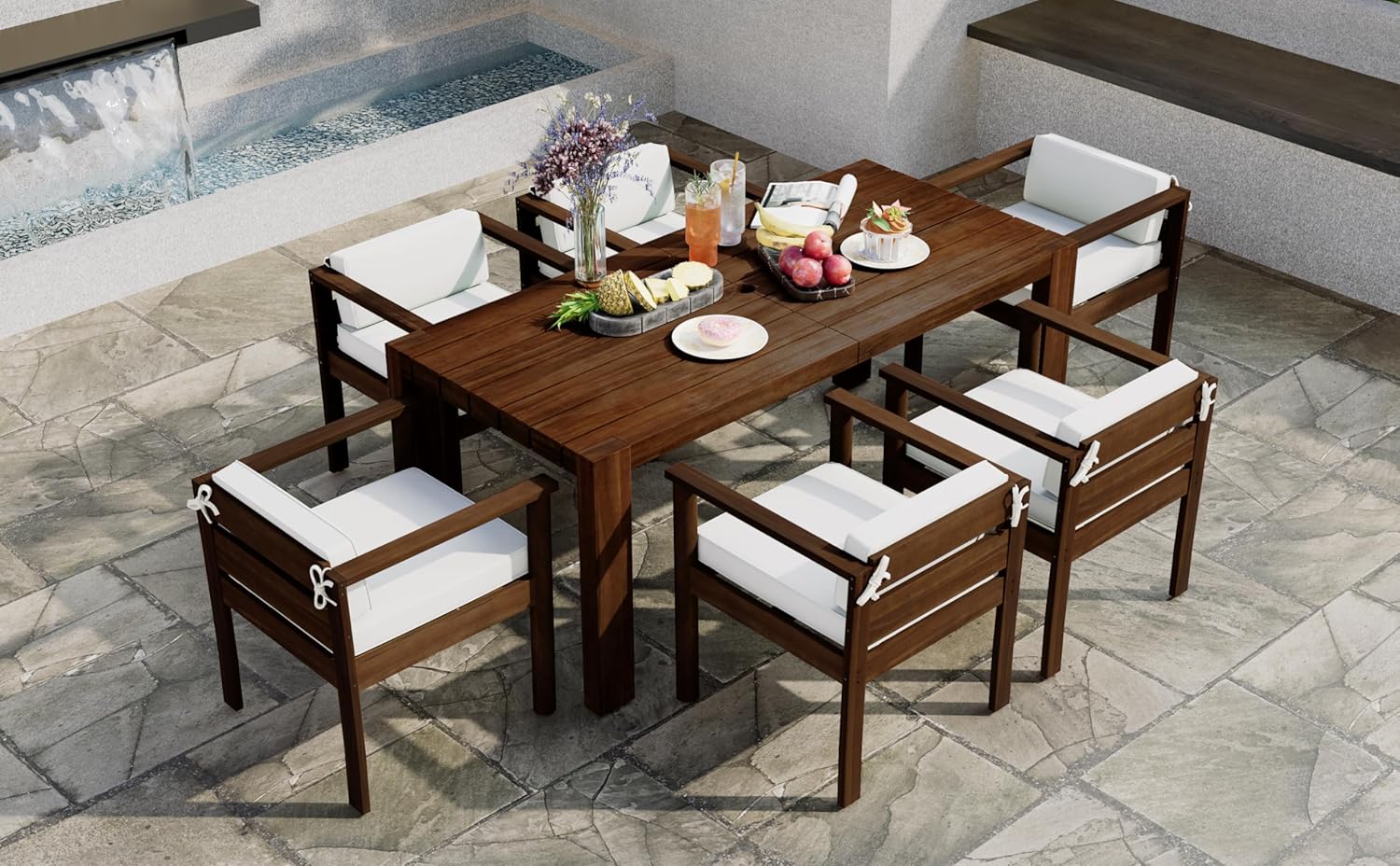7-Piece Outdoor Dining Set for 6 People with Rectangle Table and Removable Cushions, Patio Furniture for Garden, Backyard, Poolside (Mocha Frame, Beige Cushions)