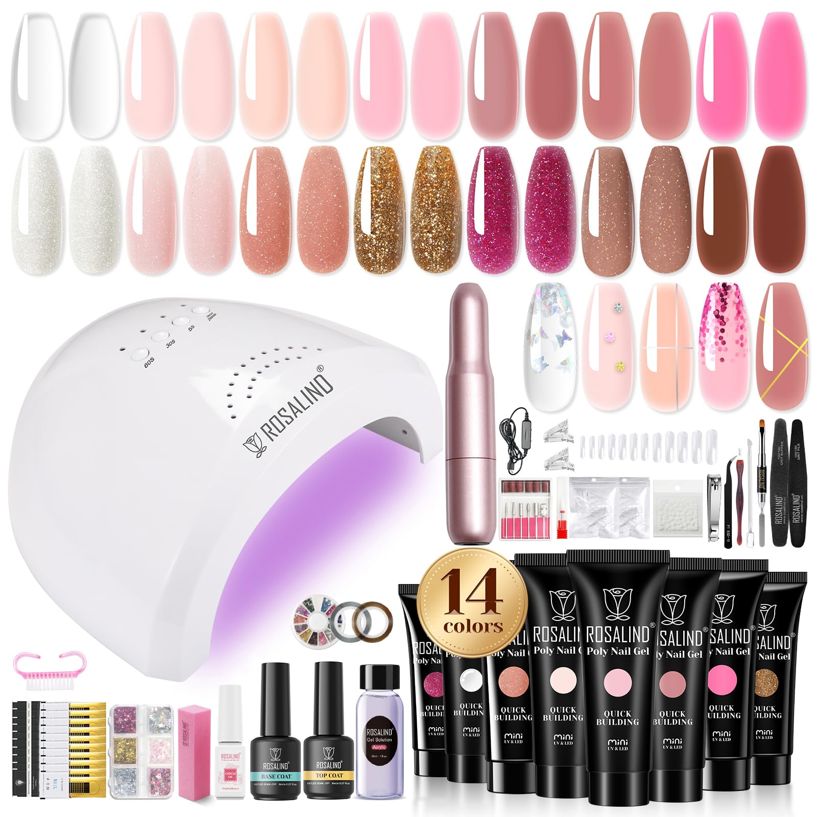 ROSALIND Poly Nail Gel Kit -14 Colors + 75 Nail Art Accessories Kit Clear Pink Nude Glitter Poly Gel with Big Uv Light 48W and Electric Nail Drill Poly Nail Gel Starter Kit-image-13