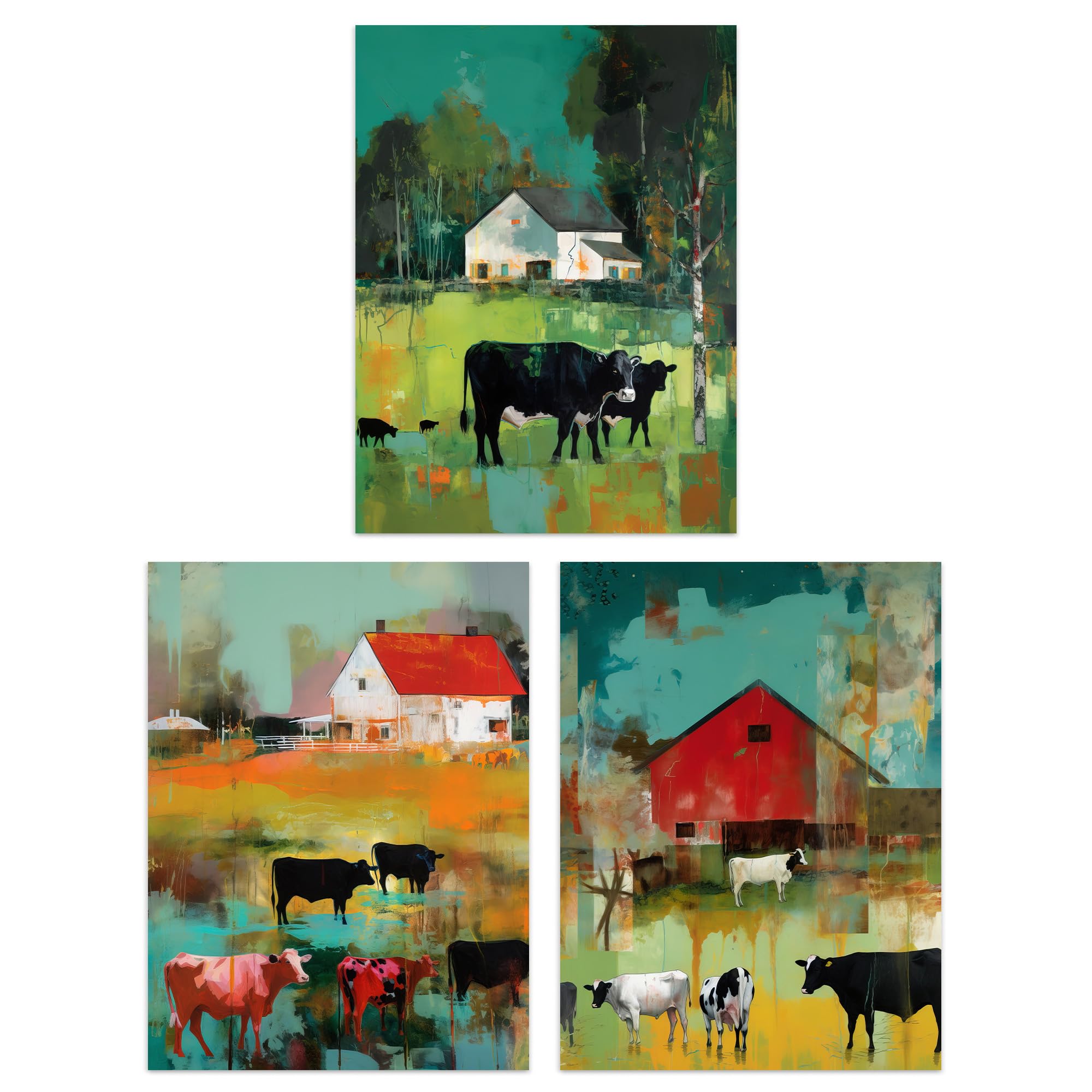 Artery8 Set of 3 The Farm Grazing Cattle Cows Green Brown Farmer Landscape Painting Unframed Wall Art Living Room Poster Prints Pack