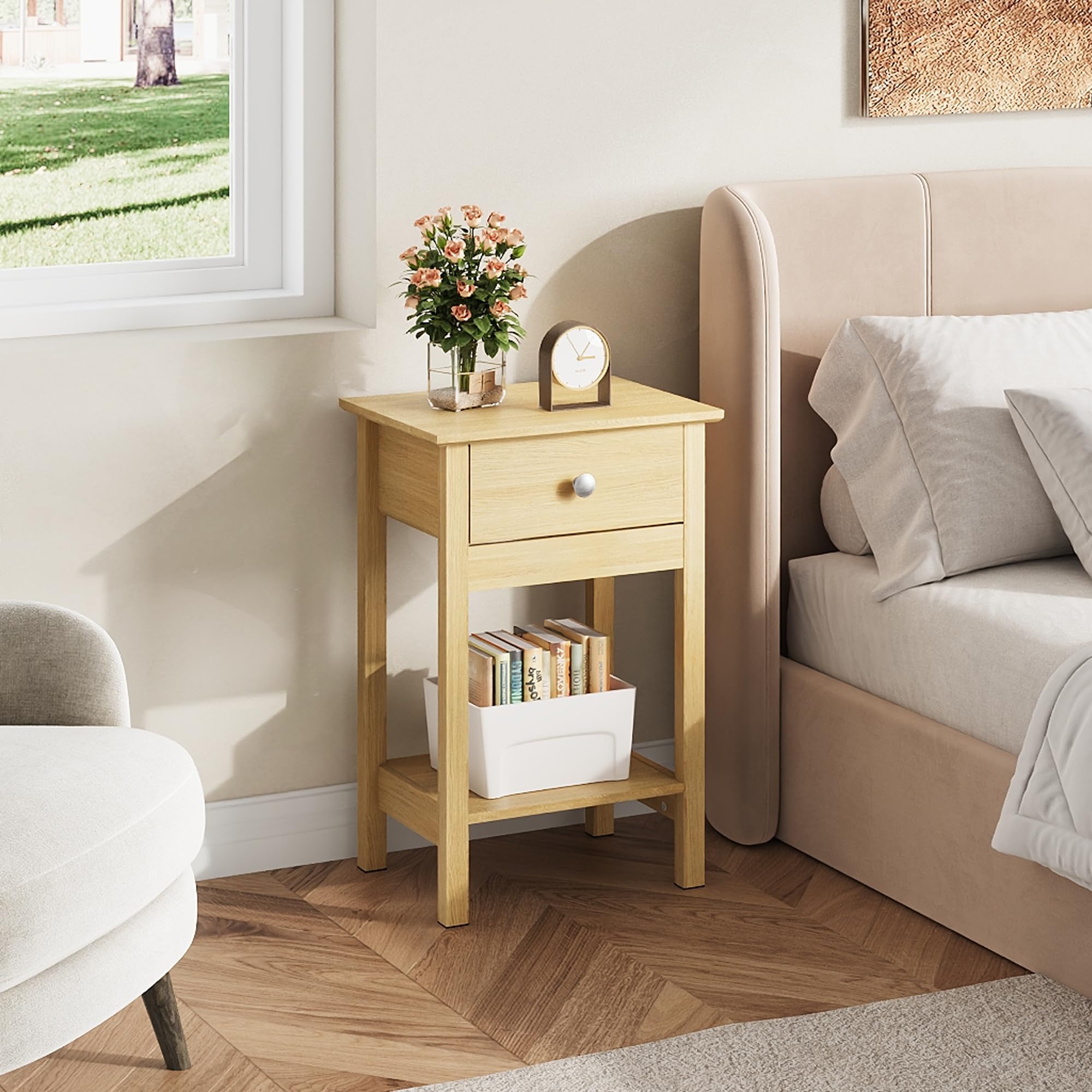 WLIVE Nachttisch,Beistelltisch aus Holz,mit Einer Schublade und Ablage,Platzsparend,Geeignet für Schlafzimmer und Wohnzimmer,Modern (2, Eiche)