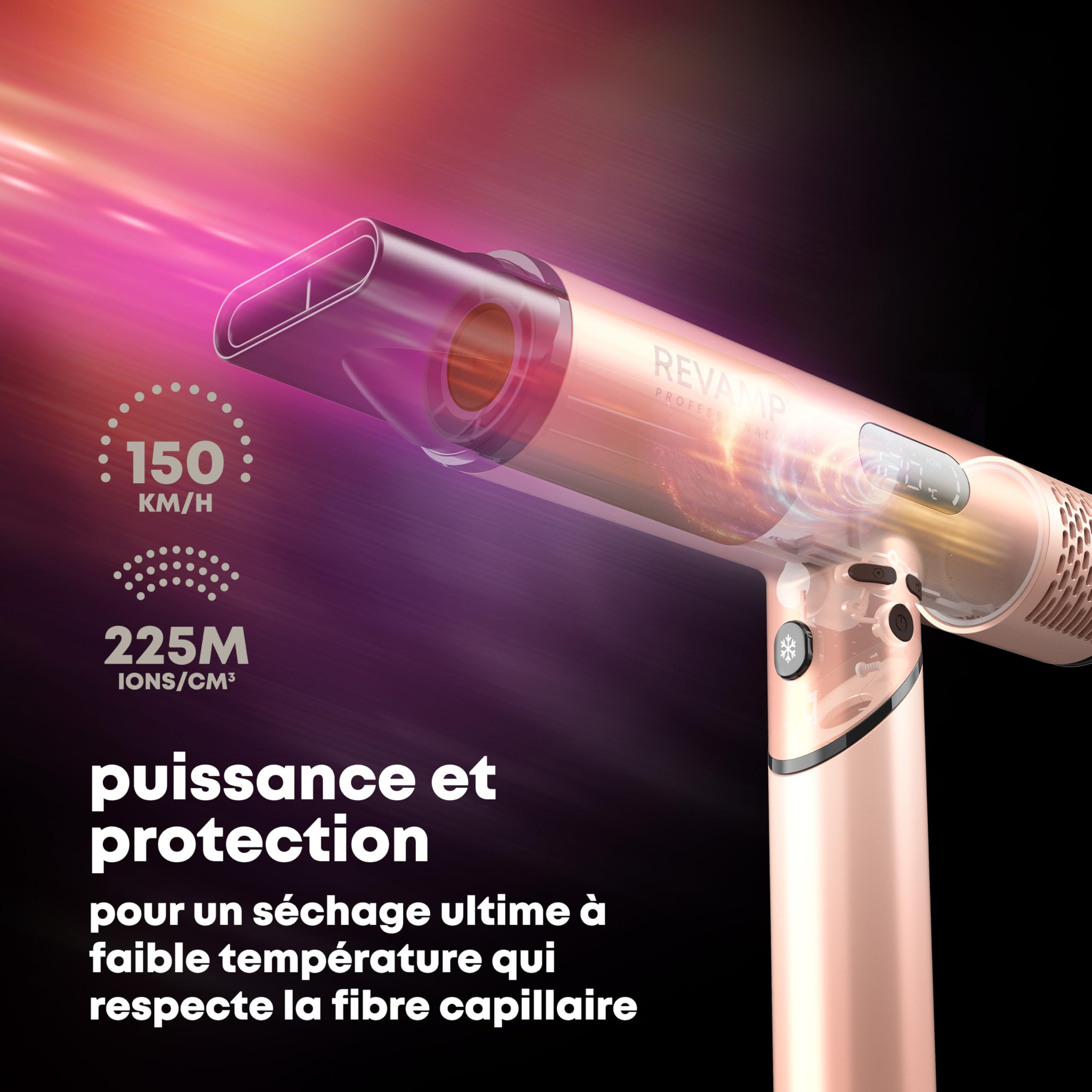 REVAMP Dynamic Radiance X Shine Seche Cheveux Ionique Professionnel - Moteur Digital Intelligent pour un Séchage Rapide, Sèche-Cheveux Diffuseur, Léger, Portable - 3 Accessoires Magnétiques