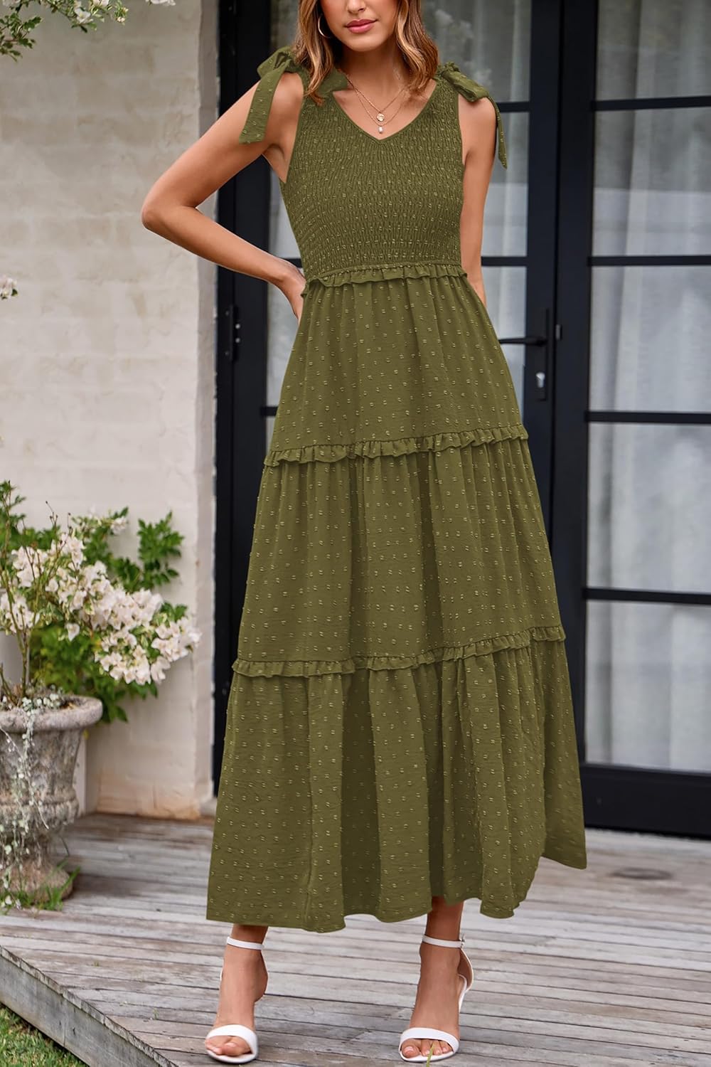 Okiwam Womens Summer Dresses 2026 Sleeveless Tie Strap Maxi Long Flowy Beach Sundresses Boho Swiss Dot Spring Wedding Dress - Image 7